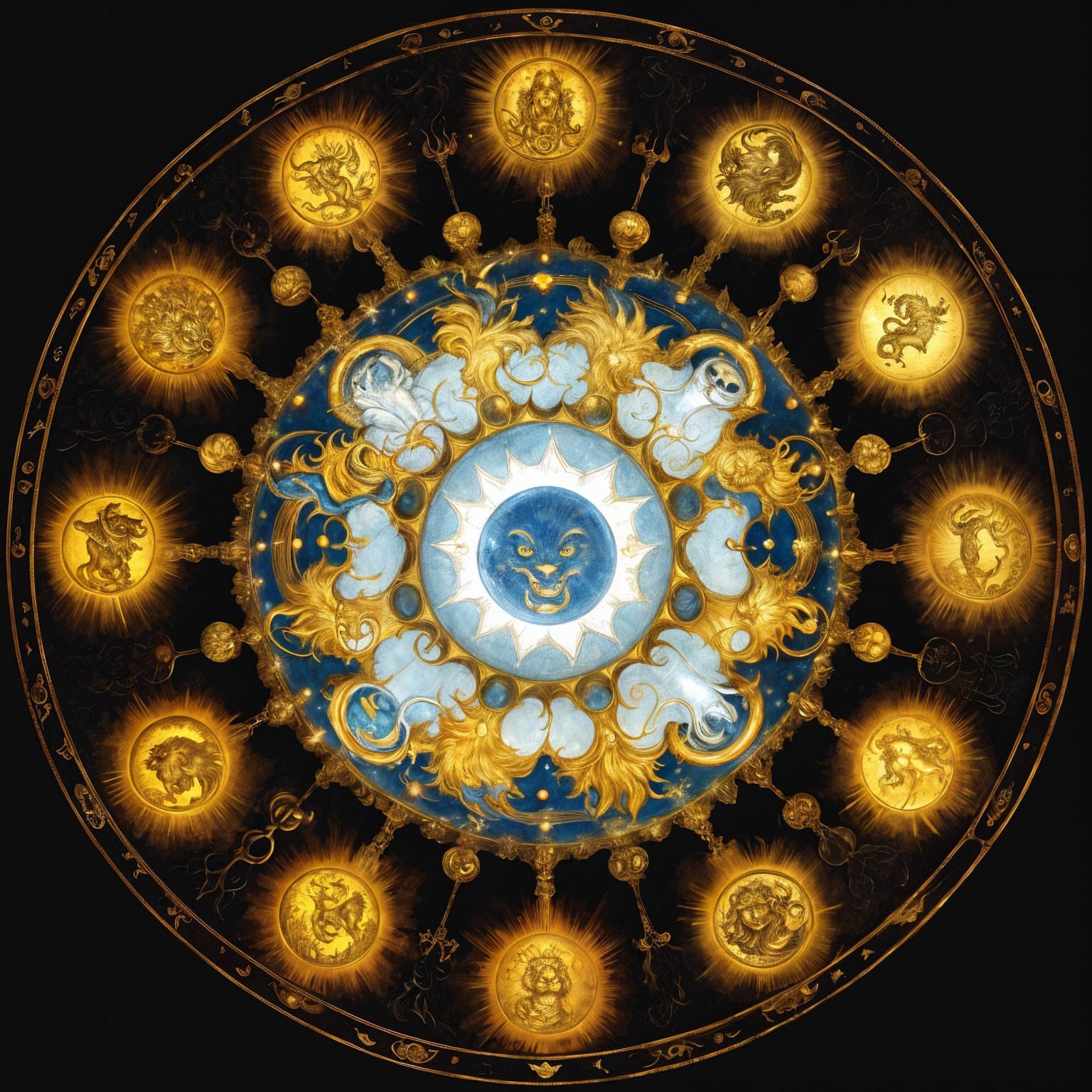 Celestial Design with Zodiac Symbols and Suns