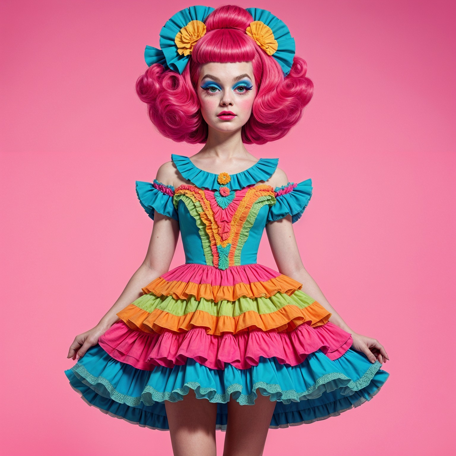 Young Girl in Colorful Dress Against Pink Background