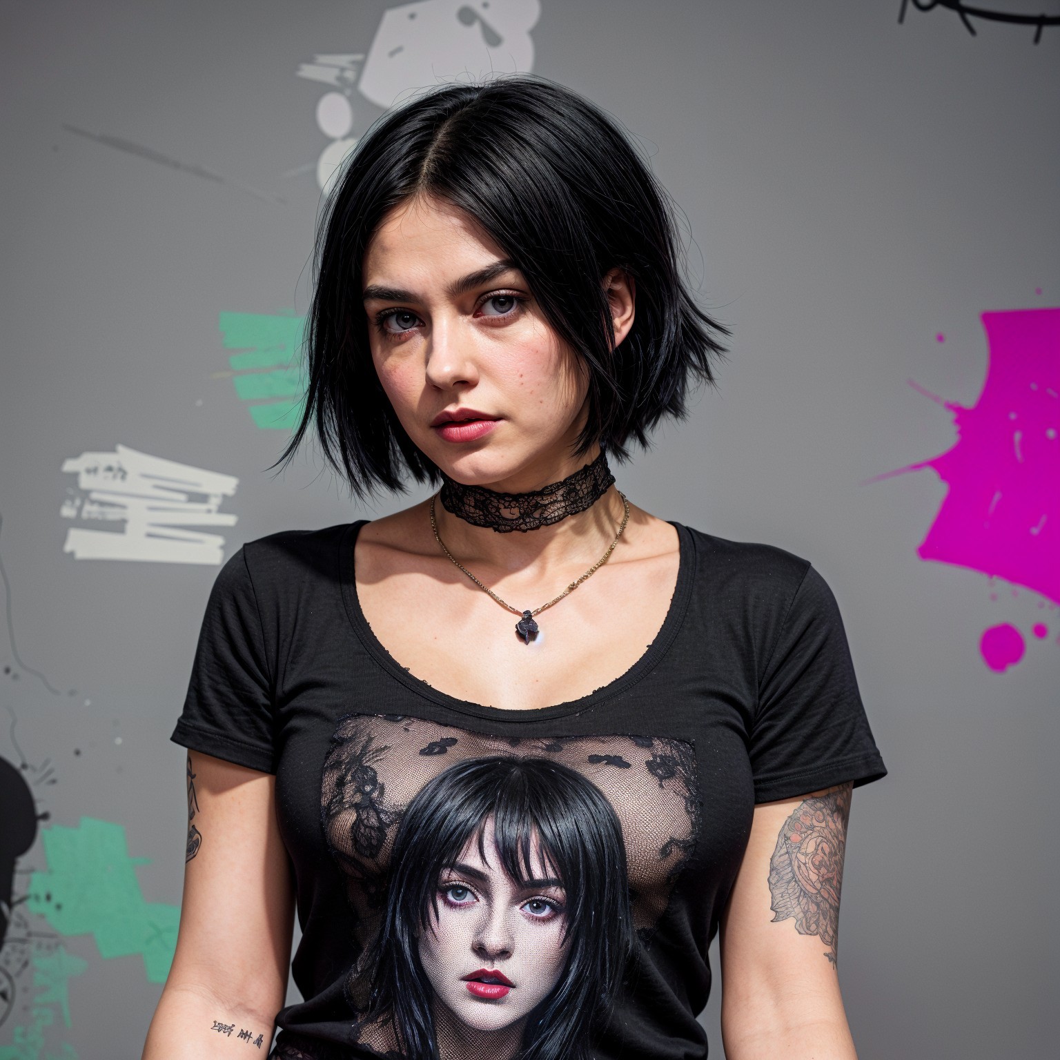 Confident Young Woman in Graphic Tee and Vibrant Background