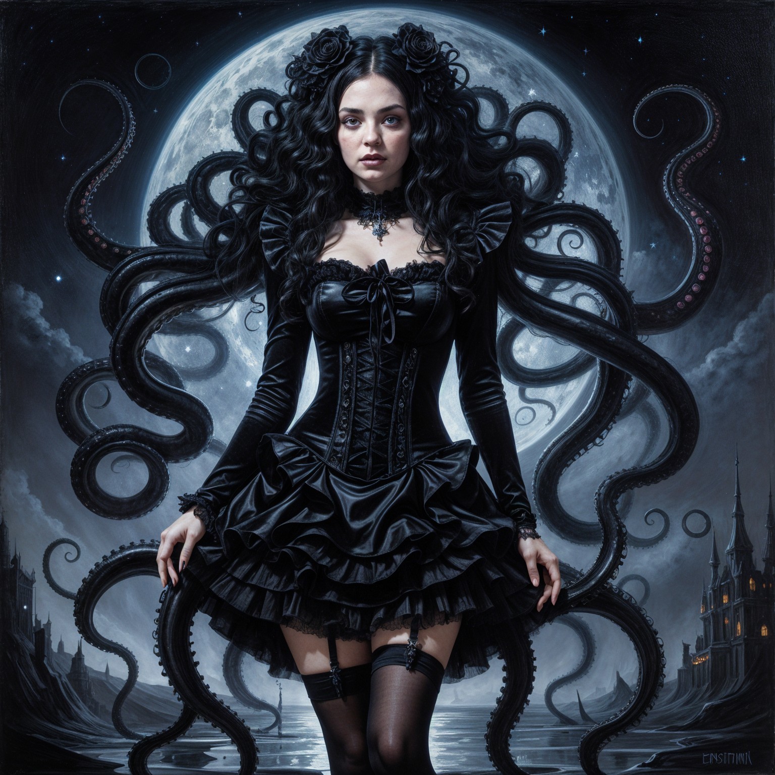 Mysterious Figure in Black Dress with Octopus Tentacles
