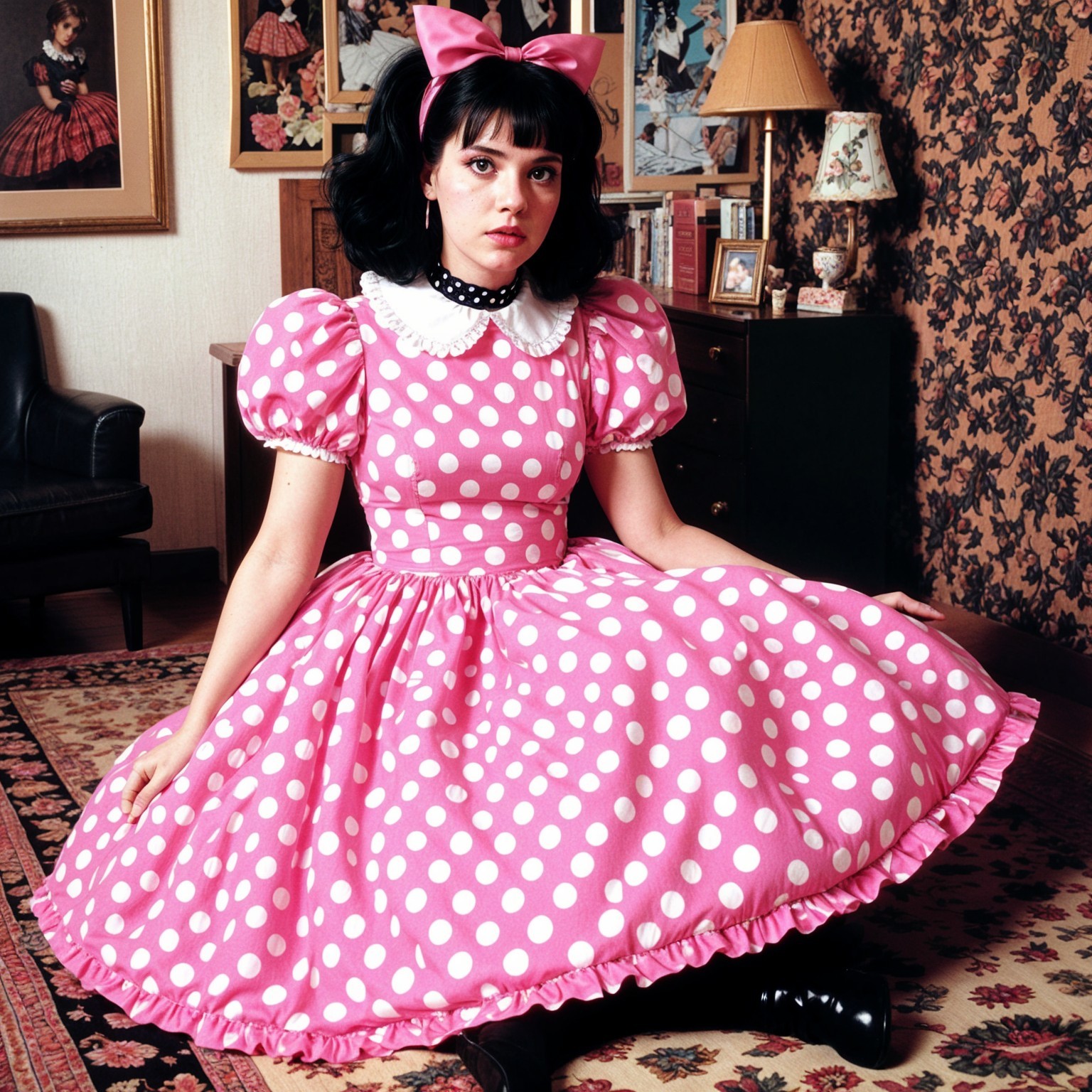 Elegant Young Woman in Vintage Room with Polka Dots