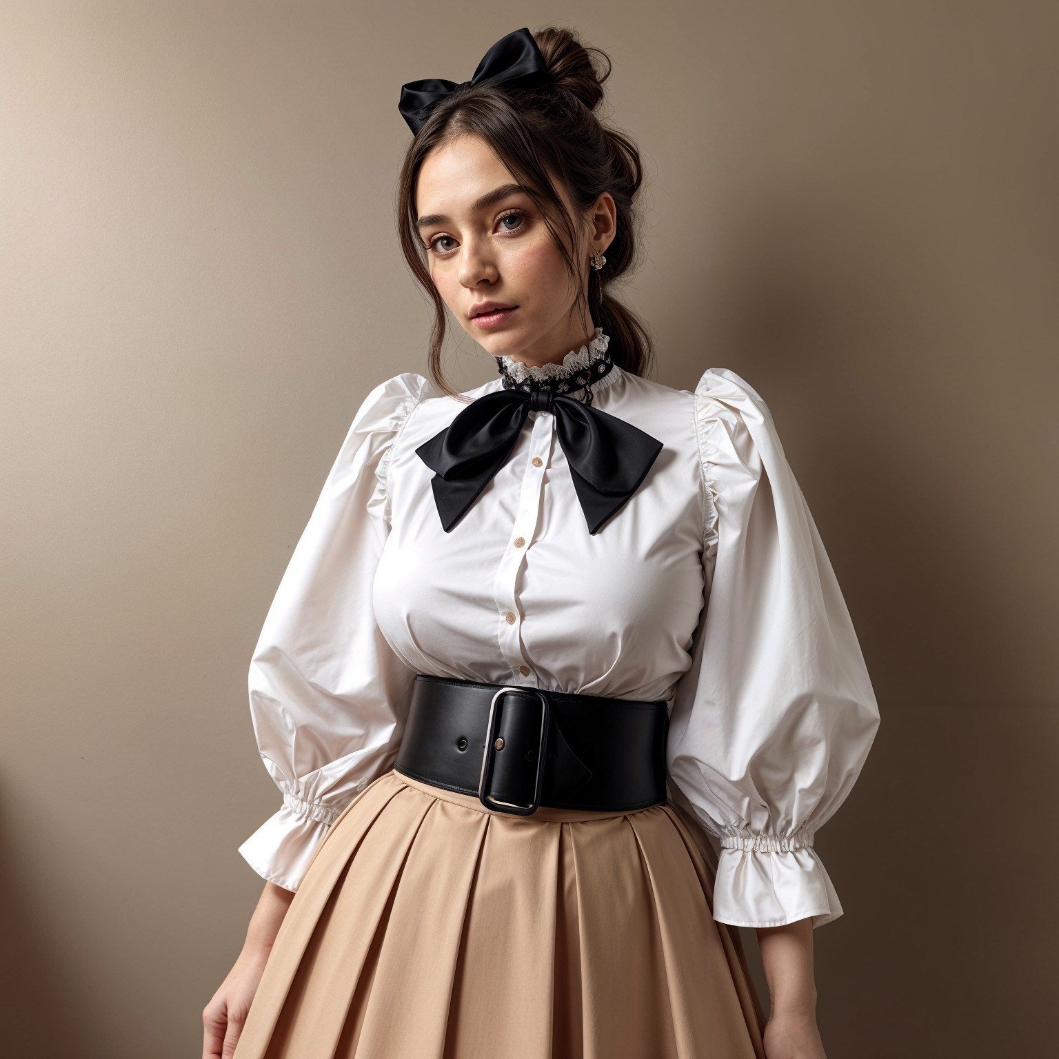 Elegant Outfit Featuring Puff Sleeves and Bow Tie