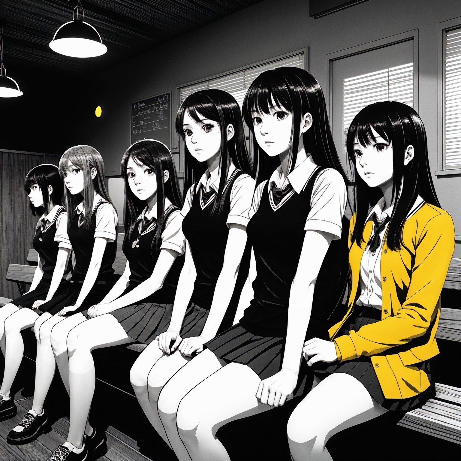 Monochromatic Illustration of School Girls on a Bench