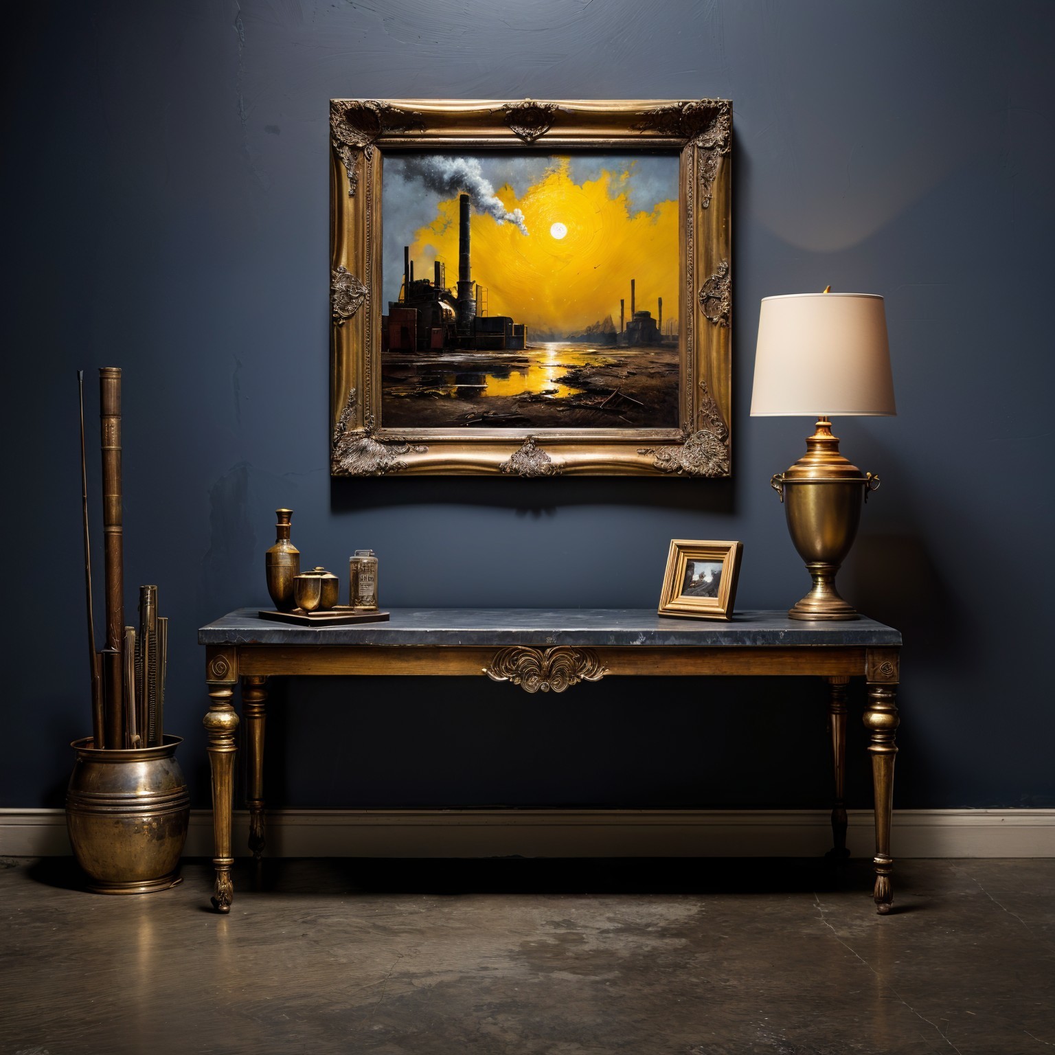 Stylish Room with Dark Blue Wall and Elegant Decor