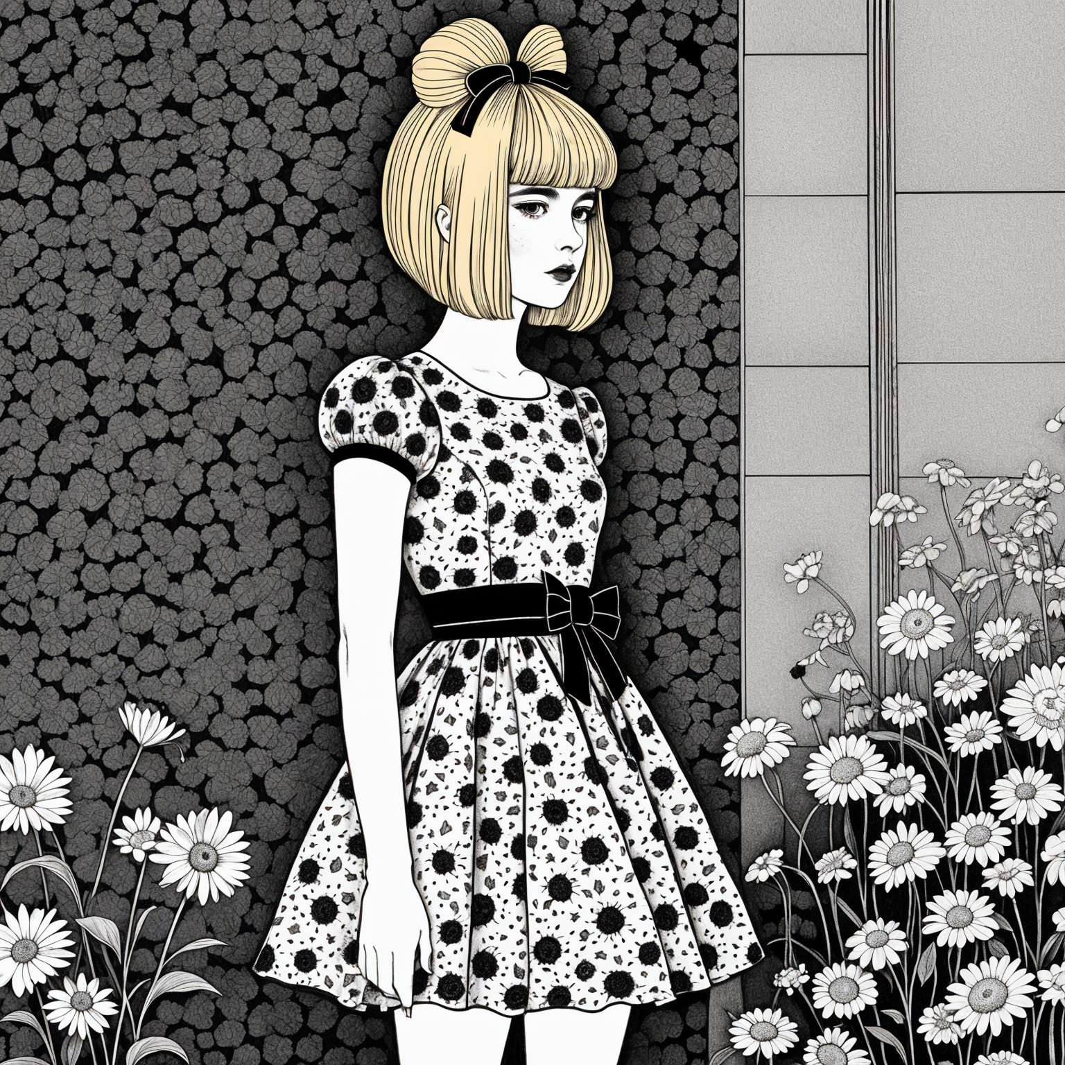 Young girl in polka-dotted dress with playful backdrop
