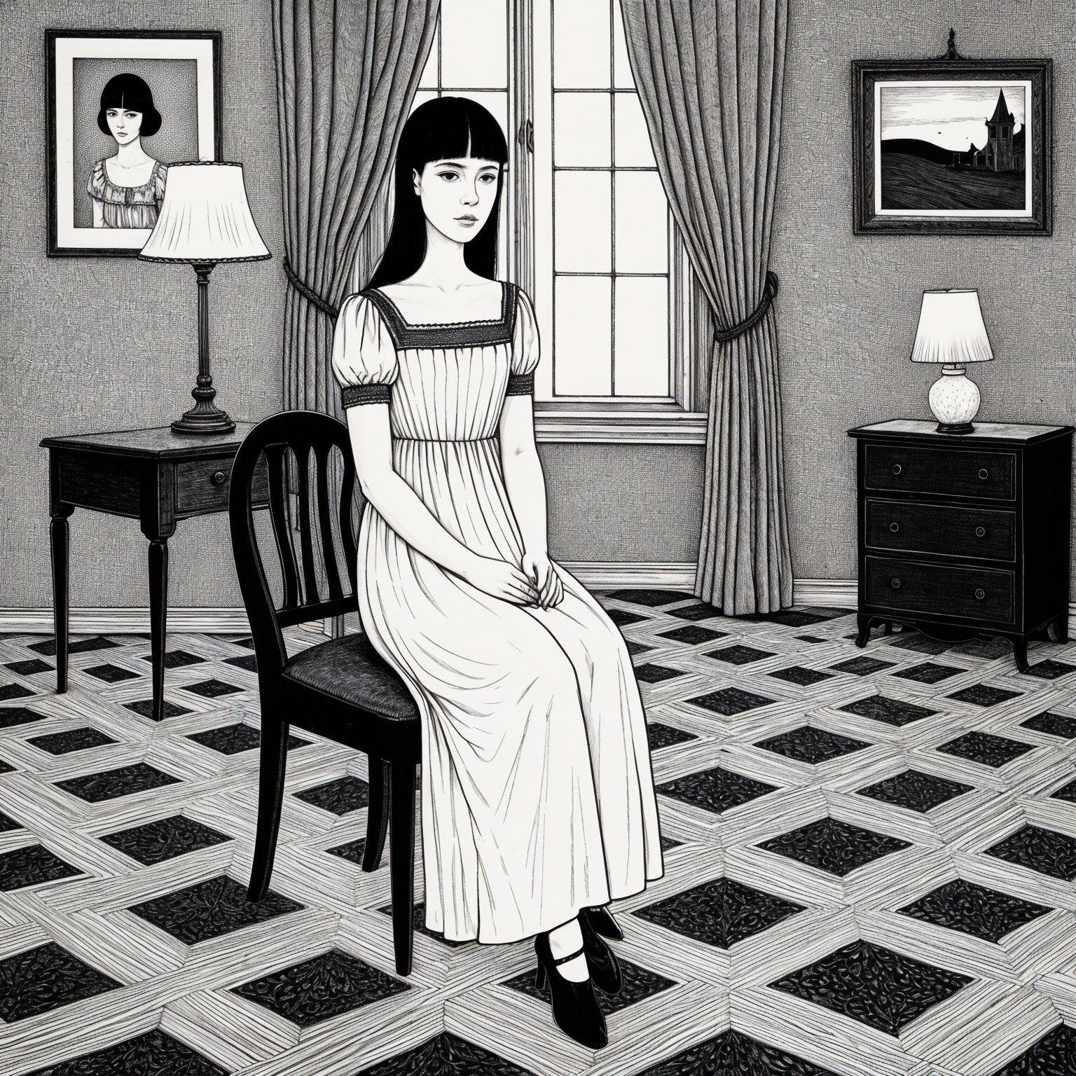 Solitary Girl in Simple Room with Monochromatic Decor