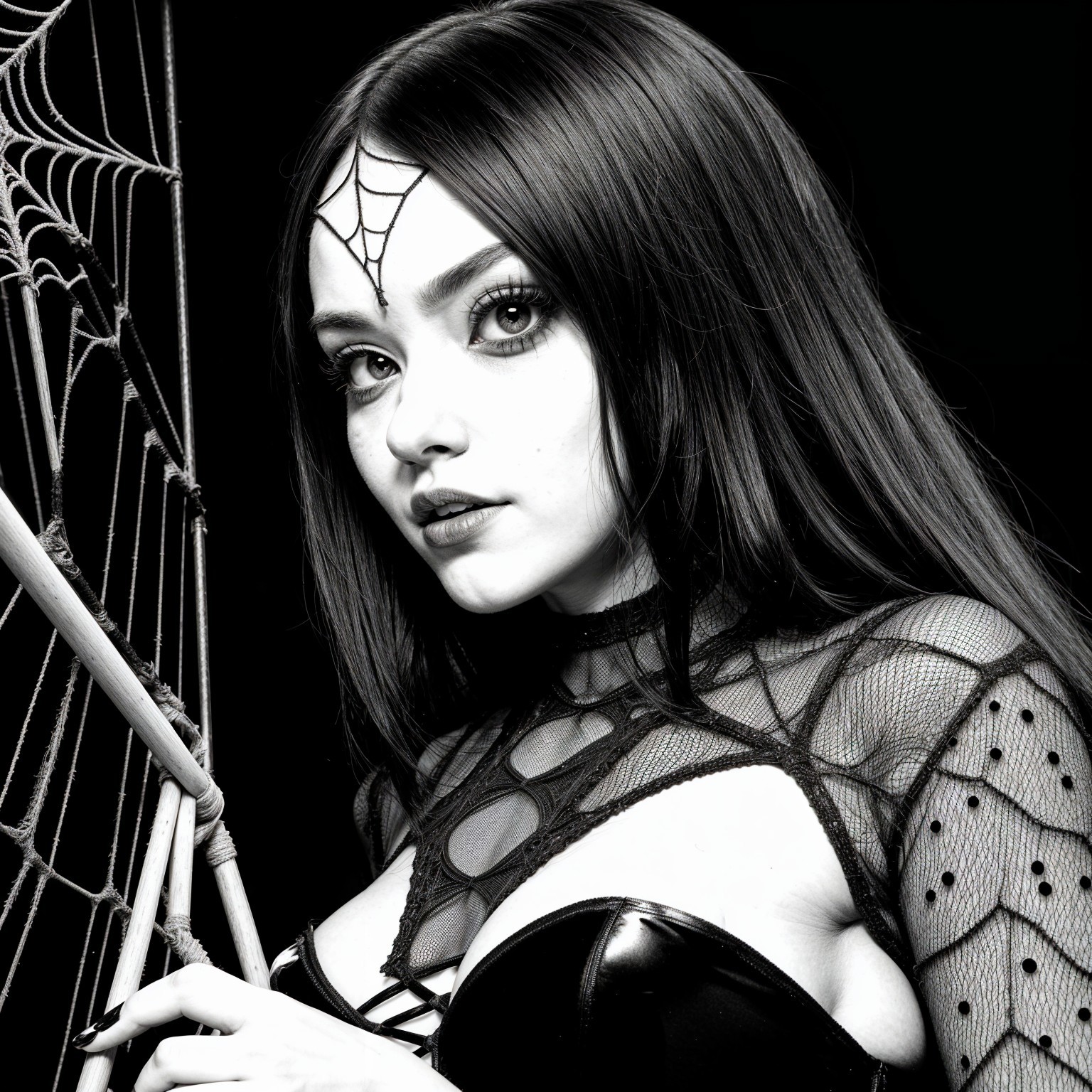 Black-and-white portrait of a model in spider-web attire