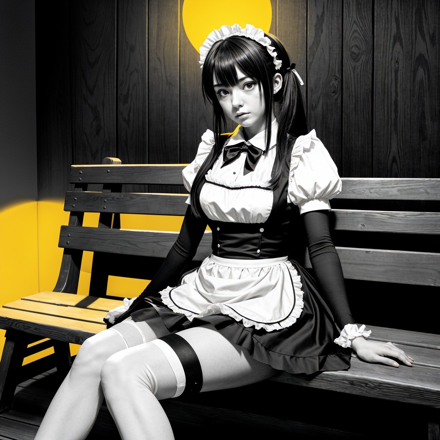 Young Woman in Classic French Maid Outfit on Bench