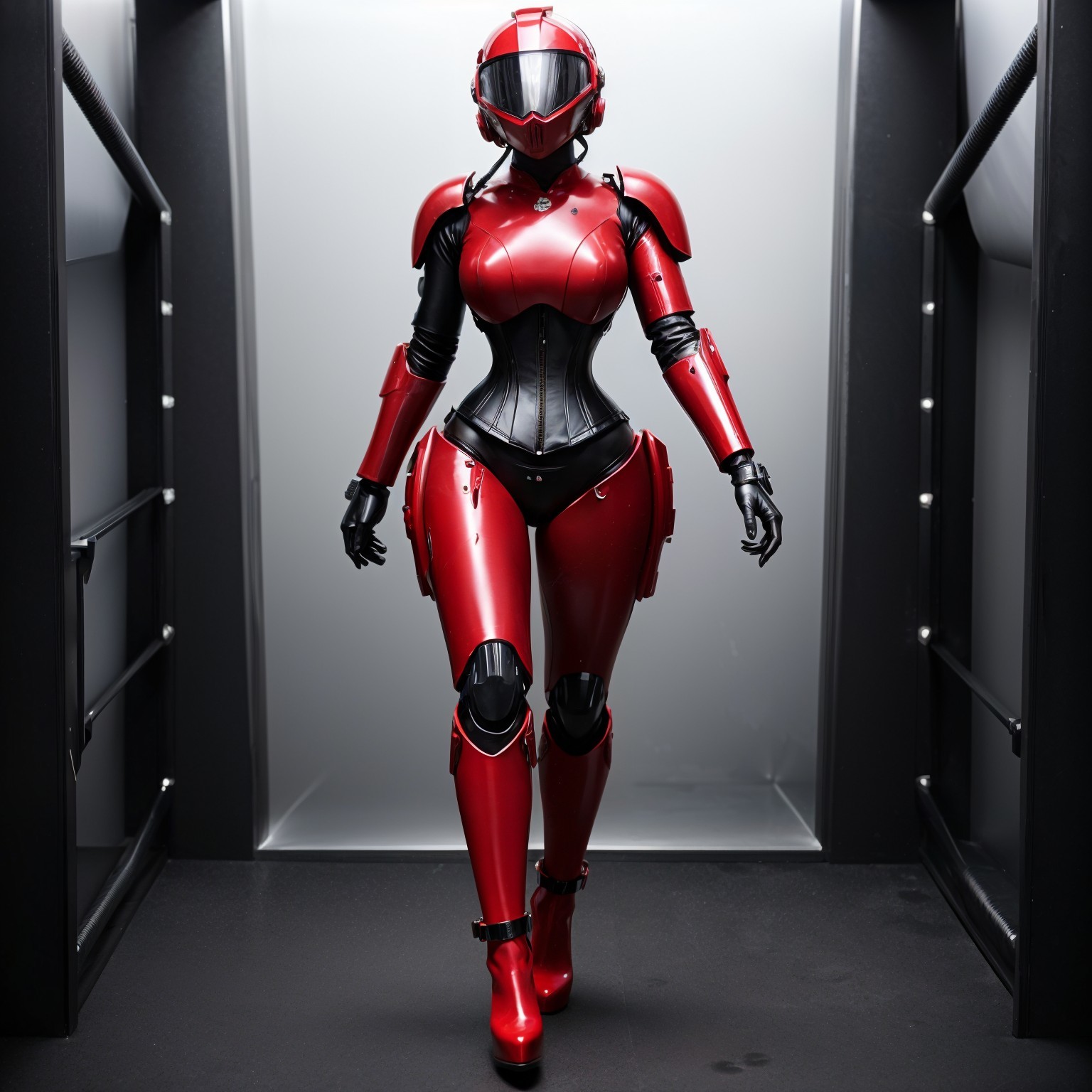 Futuristic Female in Sleek Red Armored Suit