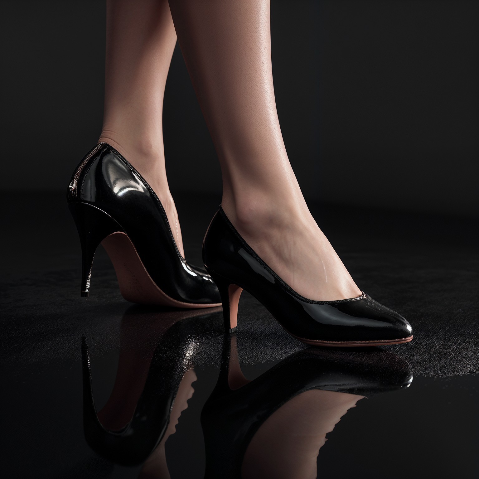 Elegant Black High-Heeled Shoes on Reflective Surface