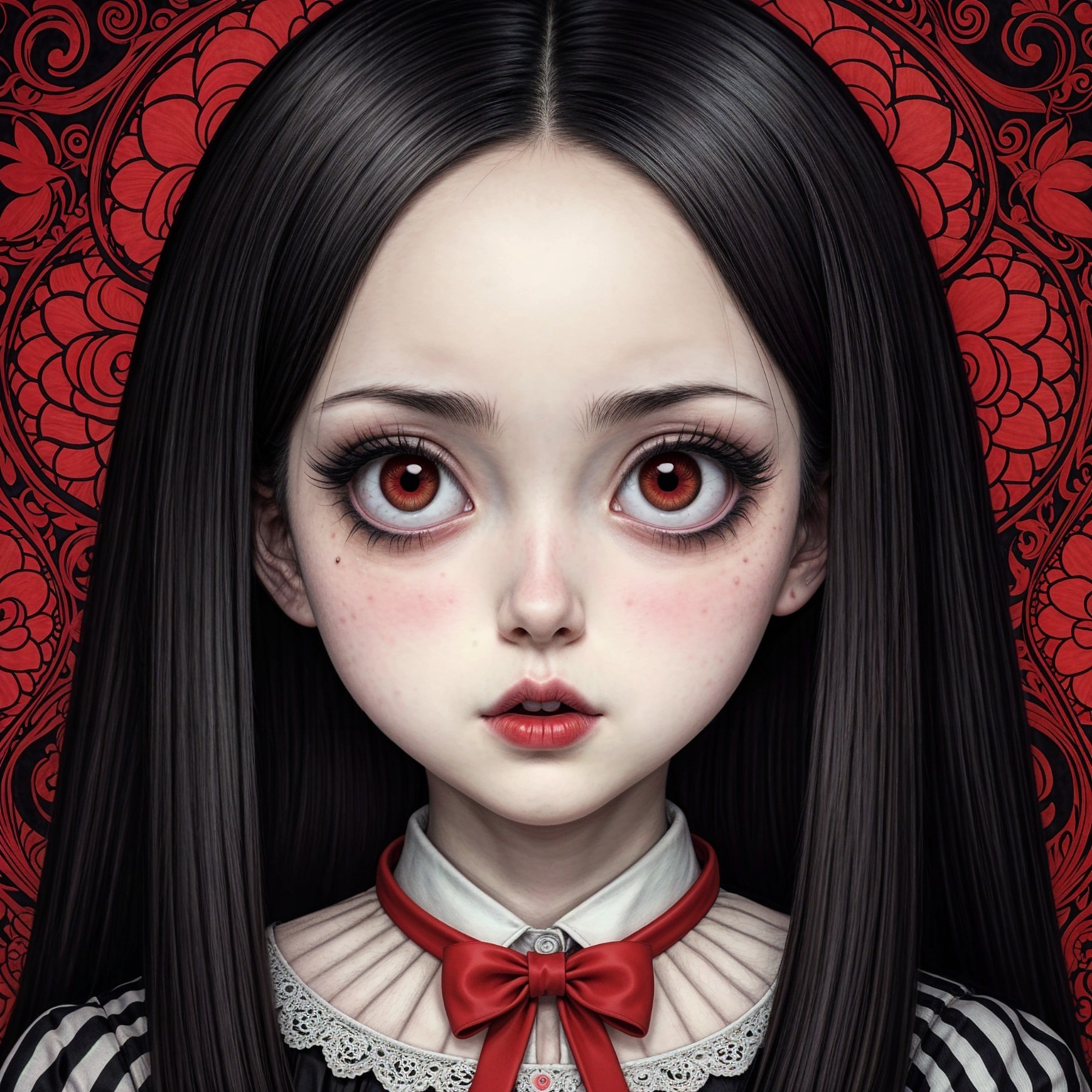 Stylized Portrait of Girl with Red Eyes and Striped Dress