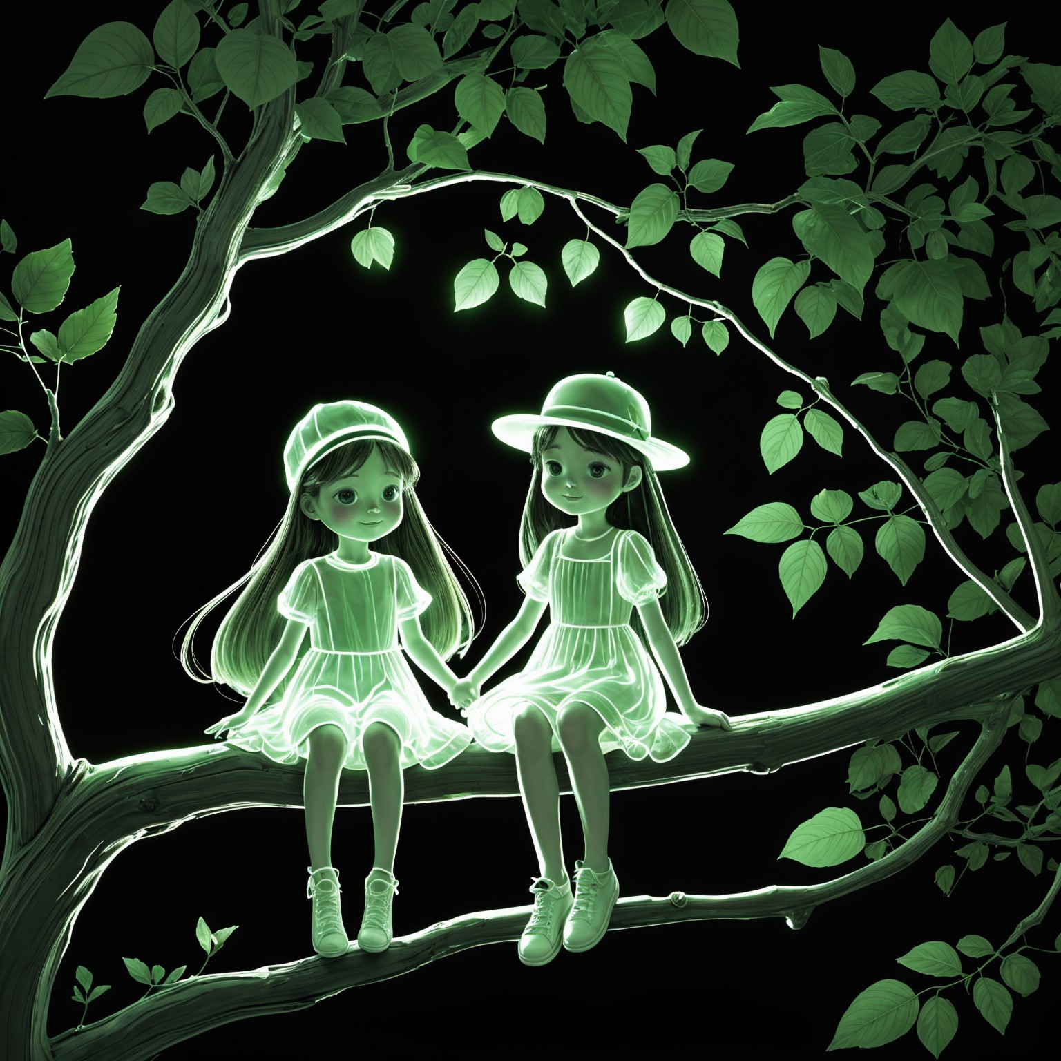 Whimsical Scene of Two Girls on a Tree Branch