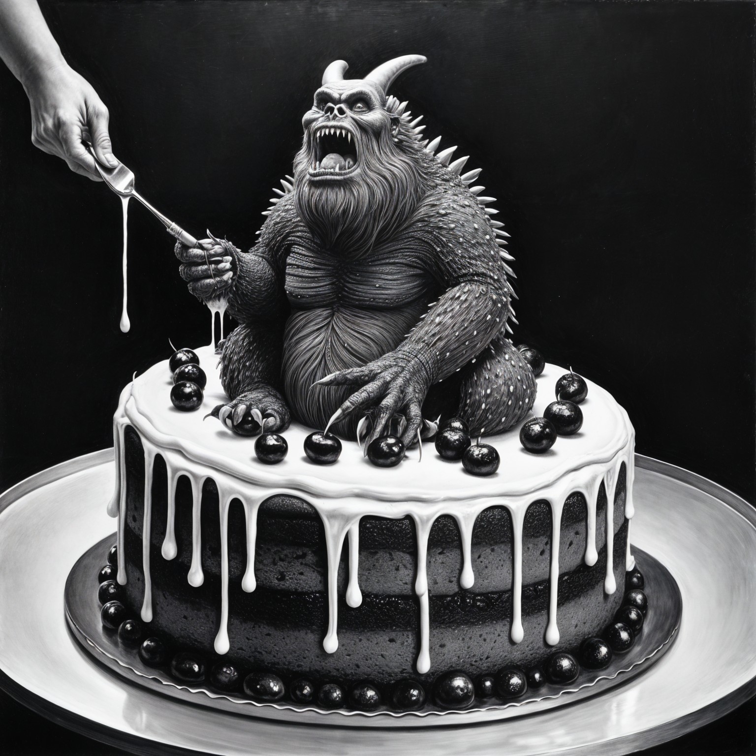 Black-and-white illustration of a creature on a cake