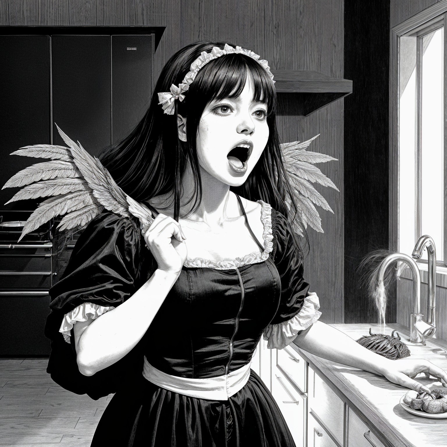 Black-and-white illustration of a woman in a kitchen