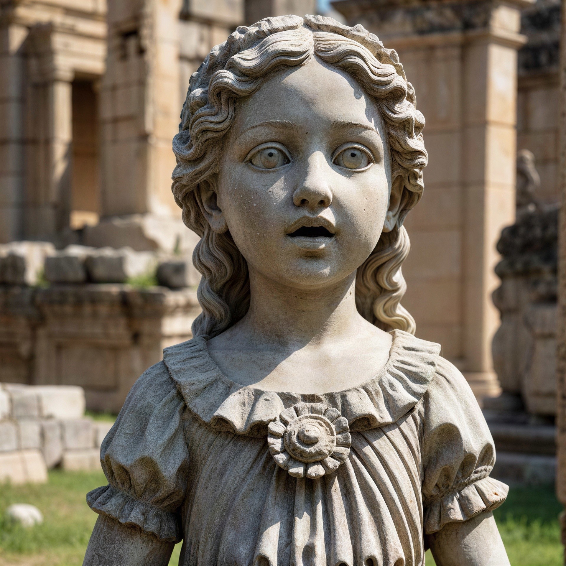 Weathered White Marble Statue of a Girl Outdoors
