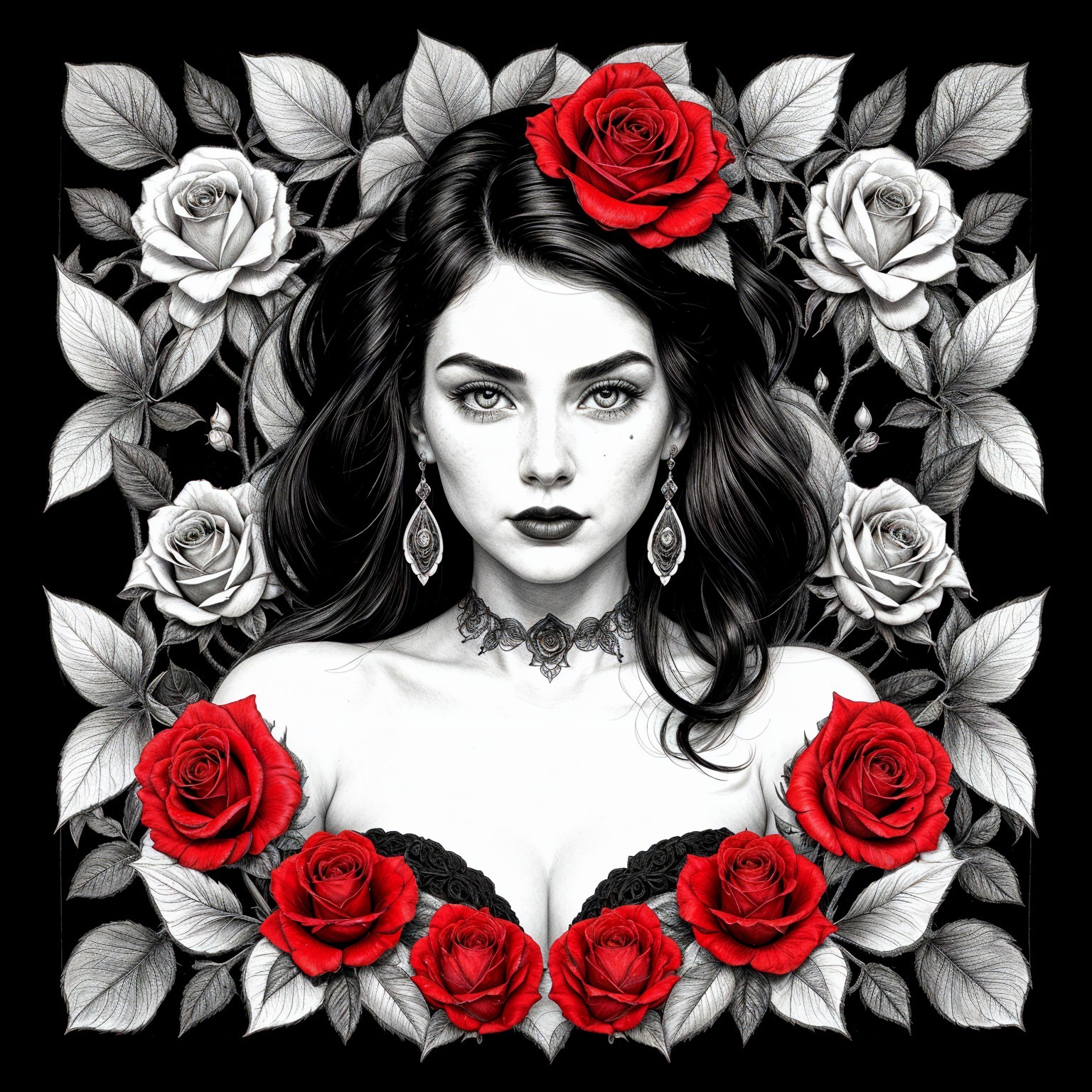 Black-and-white portrait of a woman with roses