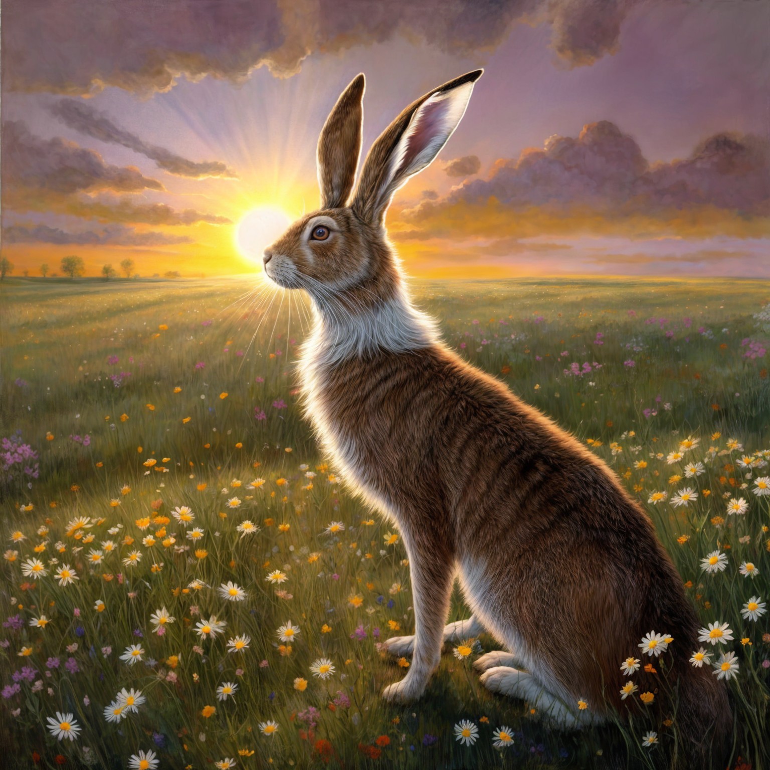 Majestic hare in a vibrant meadow at sunrise