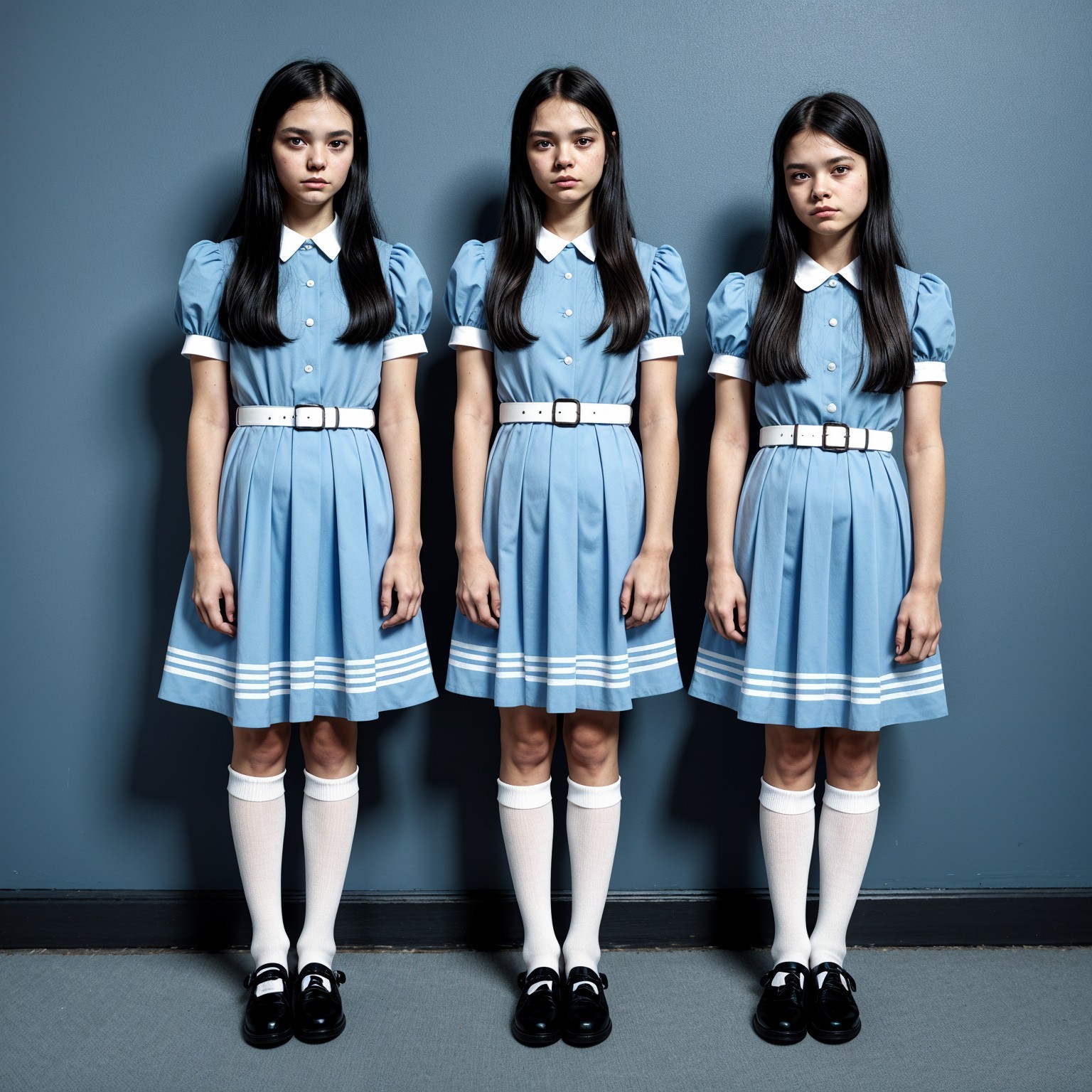 Three Identical Girls in Vintage Blue Dresses
