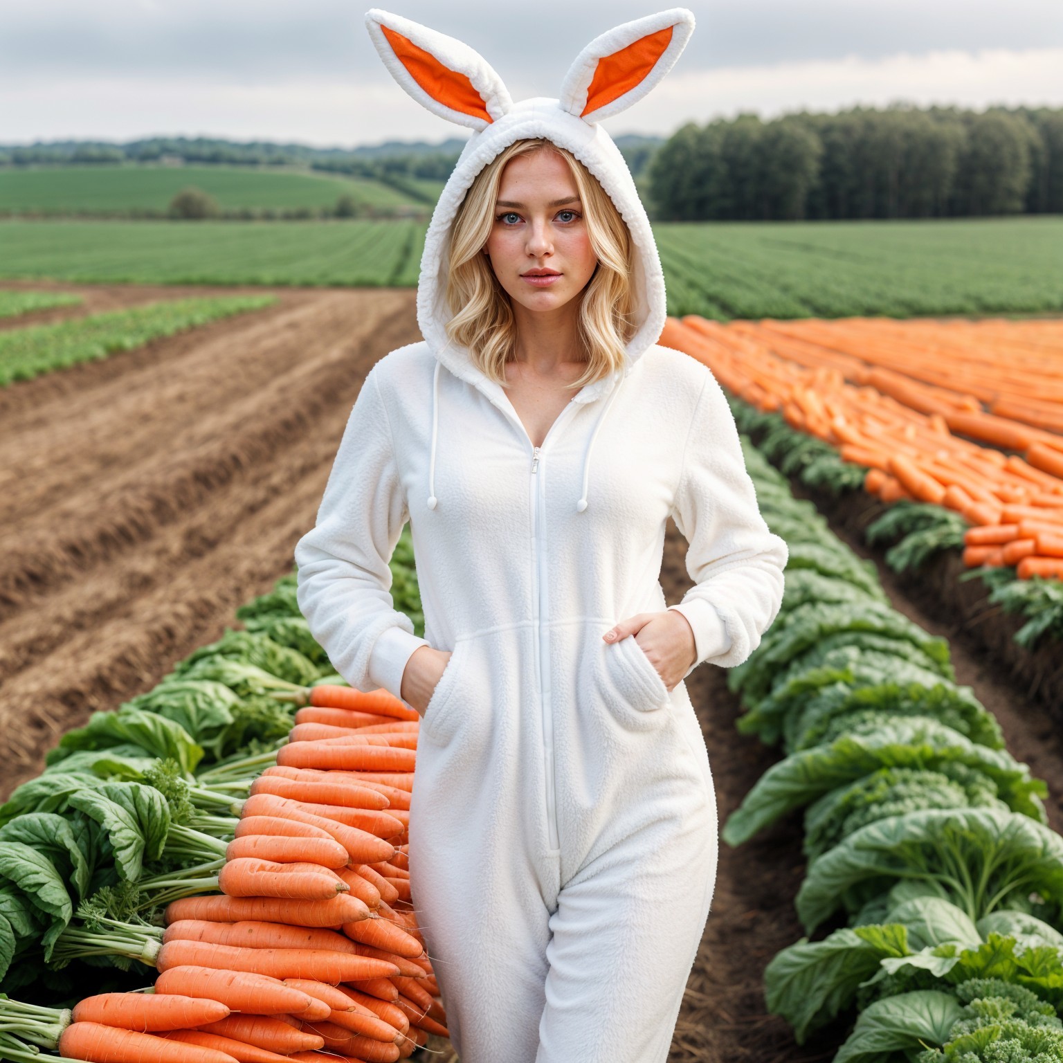 Young woman in bunny onesie in carrot field