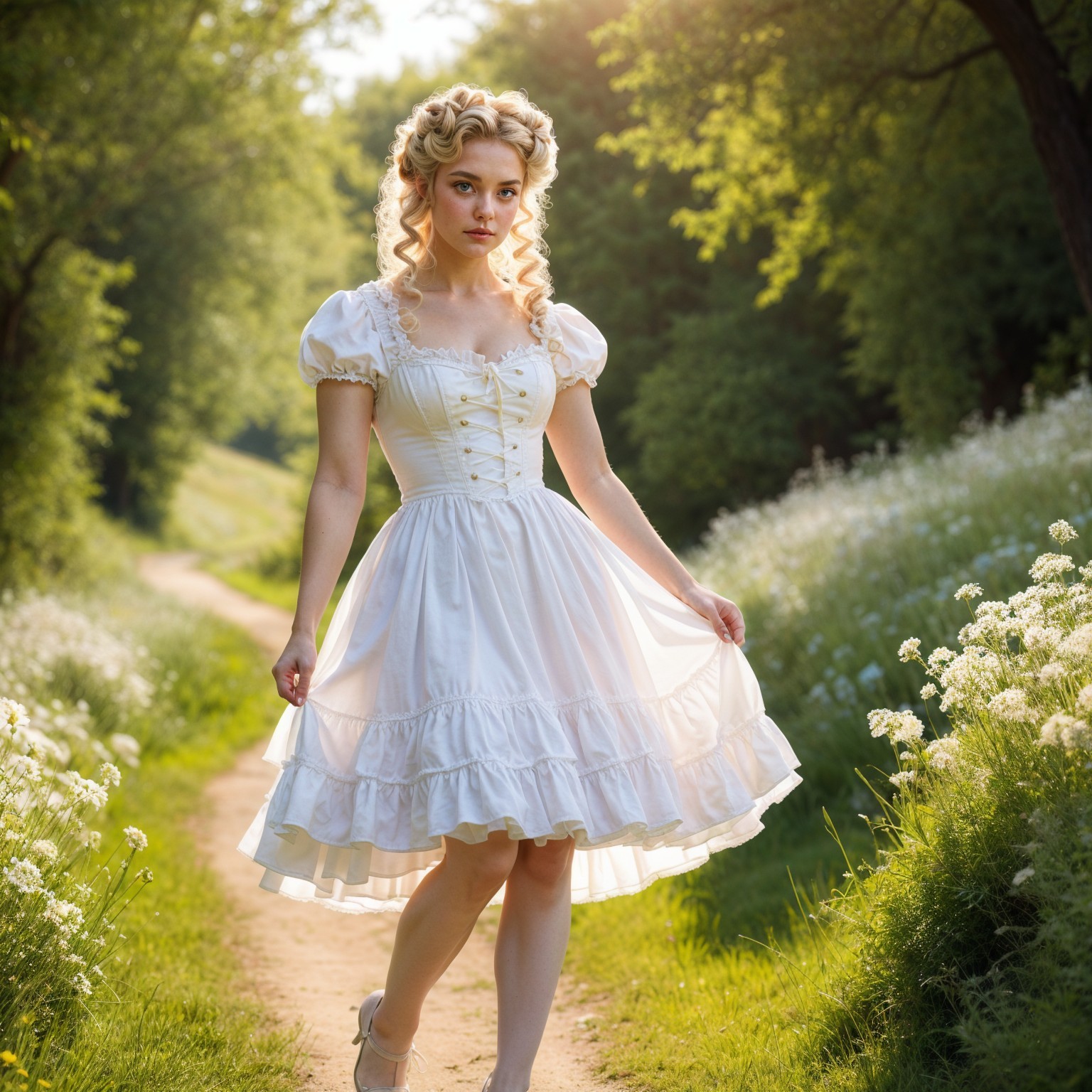 Young woman in vintage dress on sunlit path