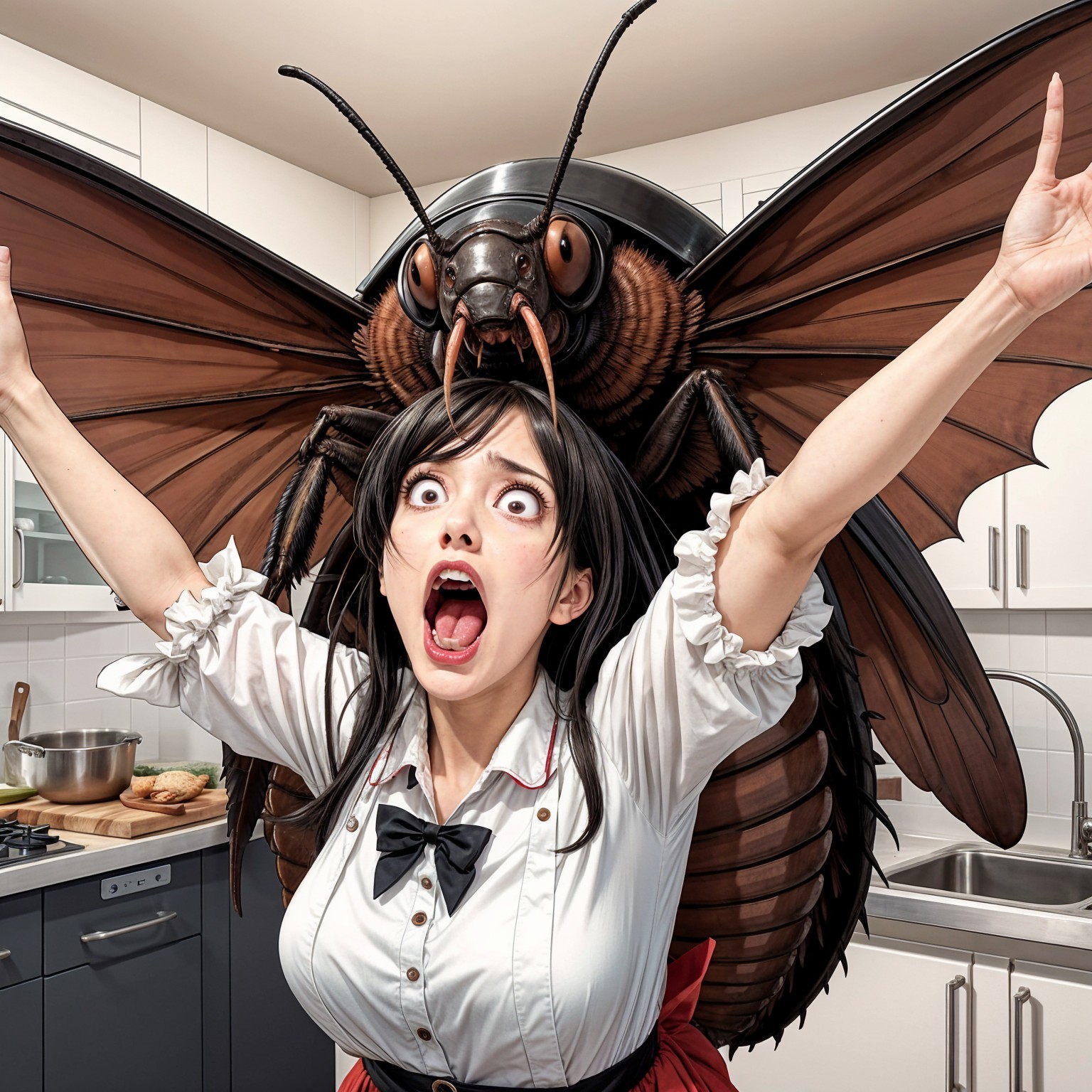 Surreal Insect Terrorizes Woman in Modern Kitchen