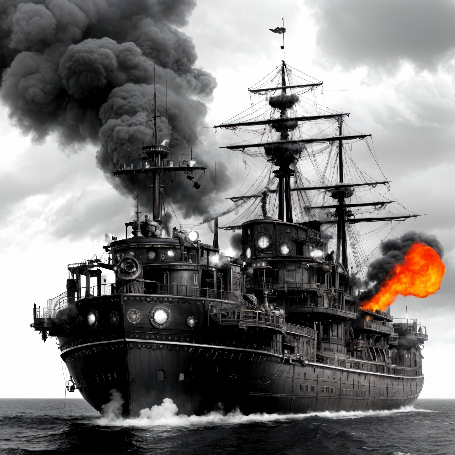 Steampunk Ship Navigating Turbulent Waters and Flames