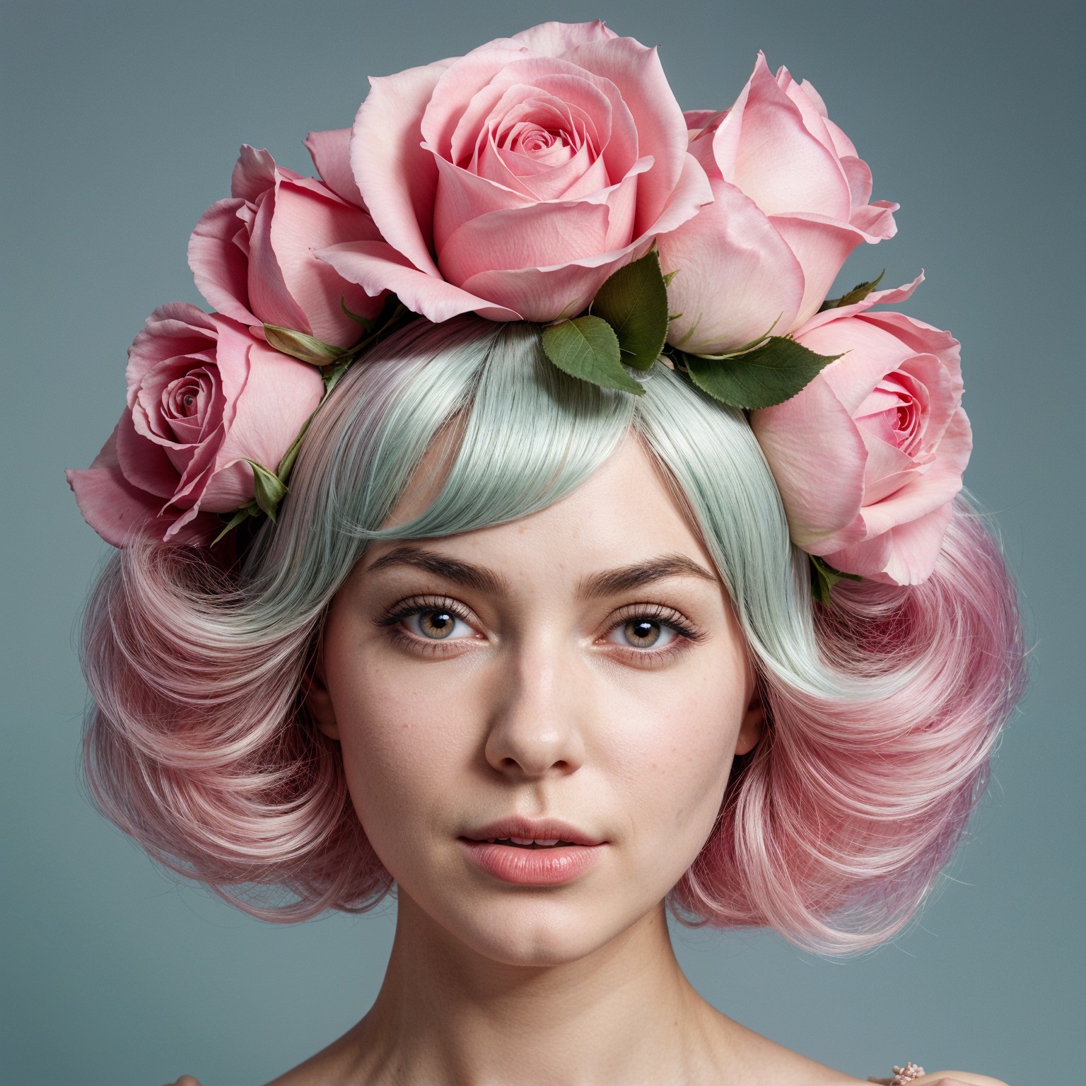 Young woman with pastel hair and rose crown