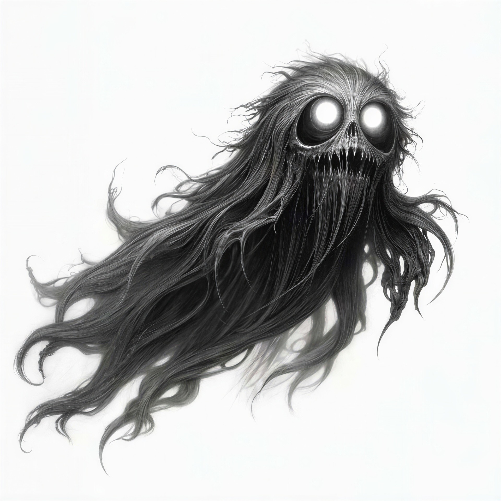 Dark Gray Ghost Figure with Skull Face and Glowing Eyes