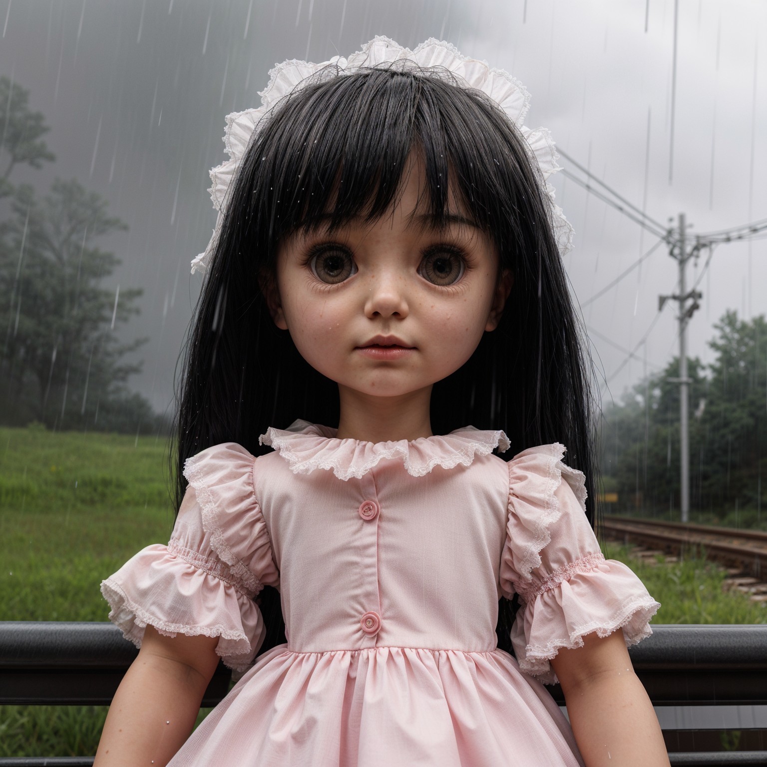 Lifelike doll in pink dress stands in rainy landscape