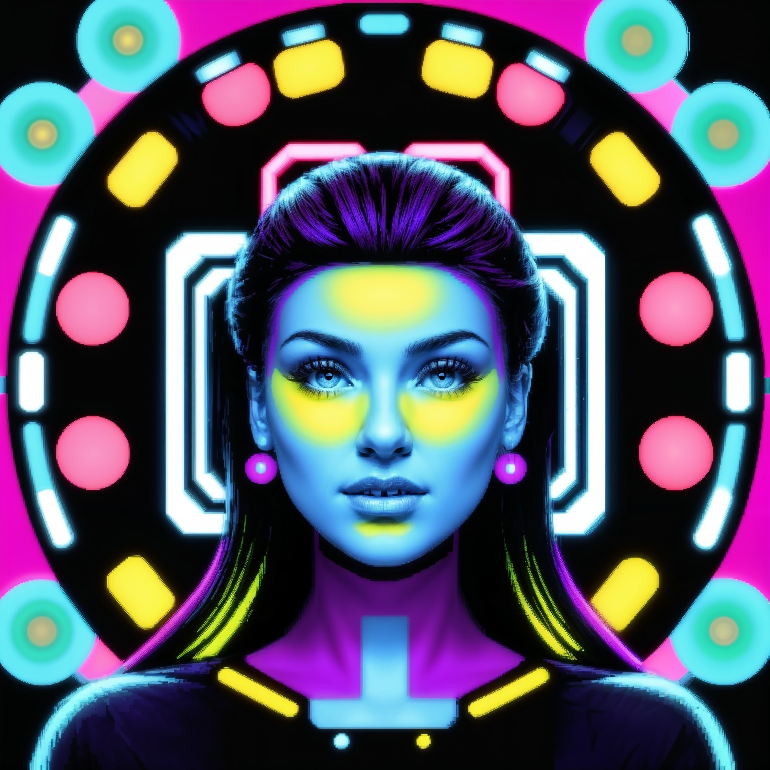 Digital portrait of a woman with blue skin and purple hair