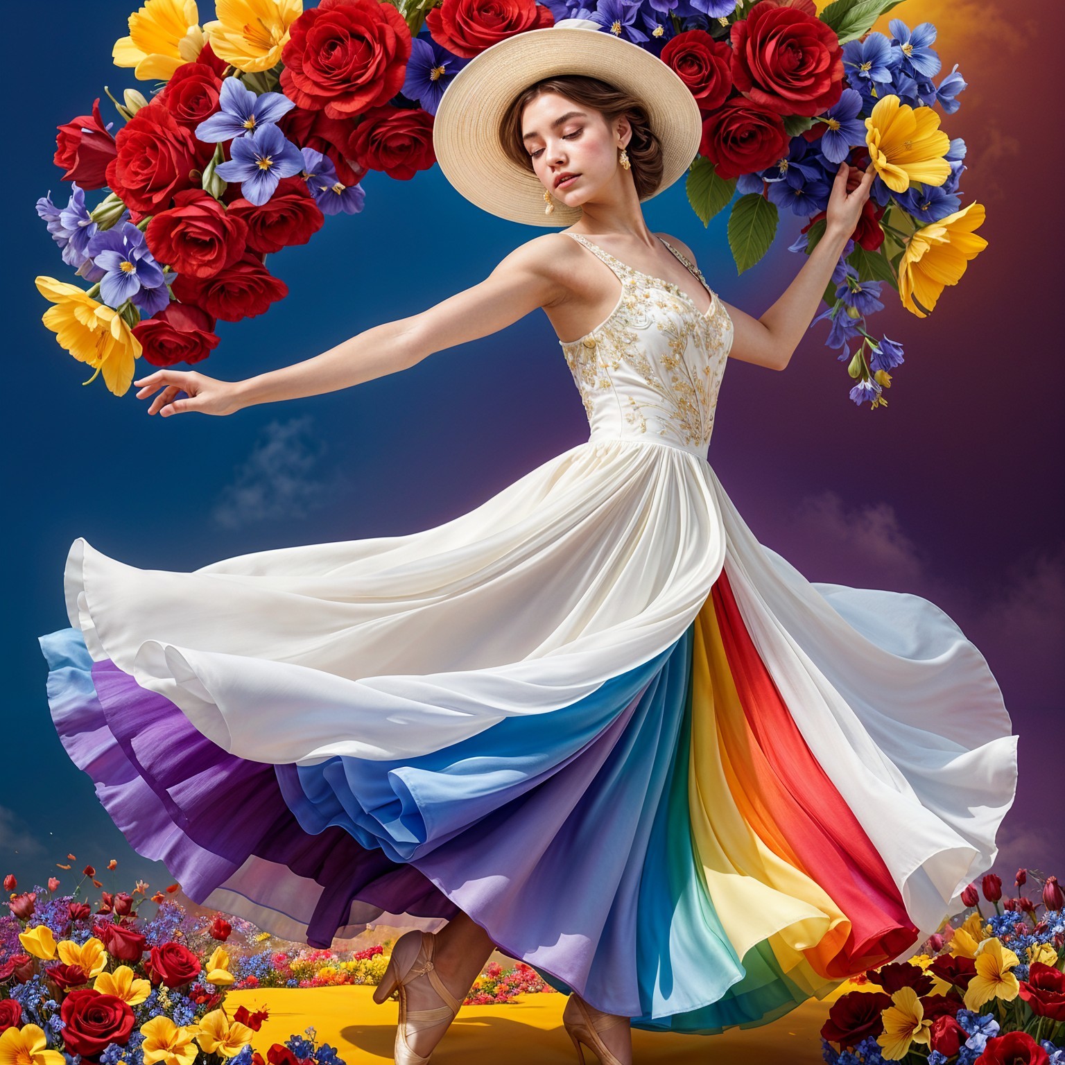Dancer in White Dress with Rainbow Skirt and Flowers