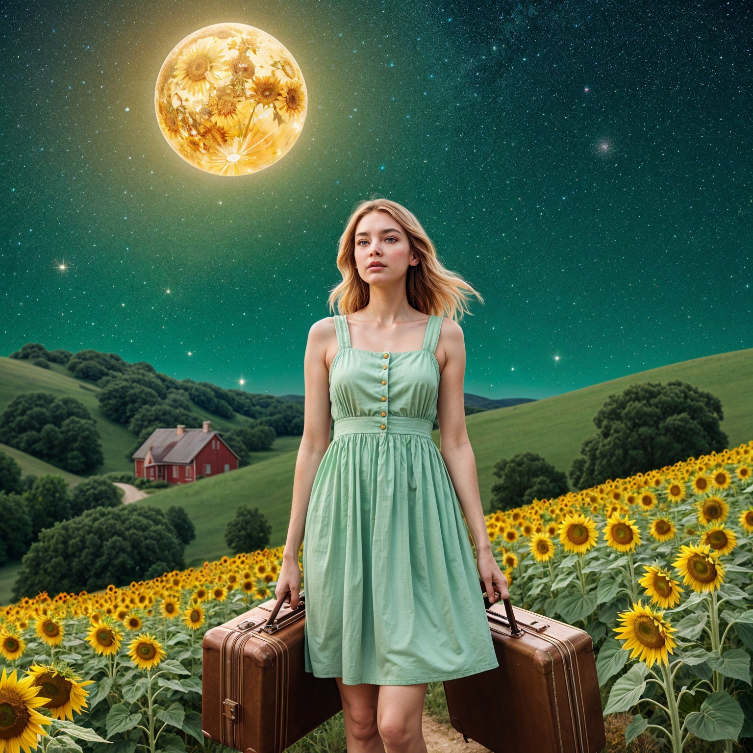 Young woman in green dress with suitcases in sunflower field