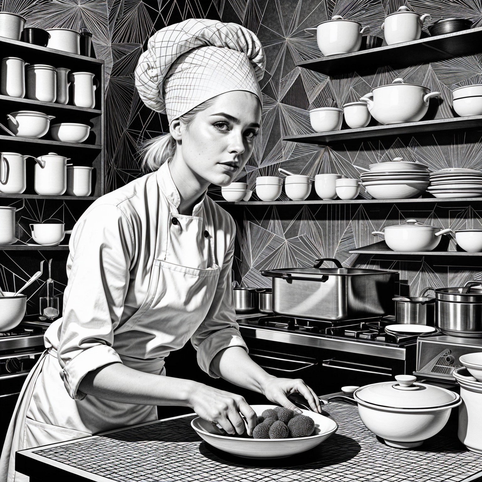 Chef in White Uniform Arranging Food in Pristine Kitchen