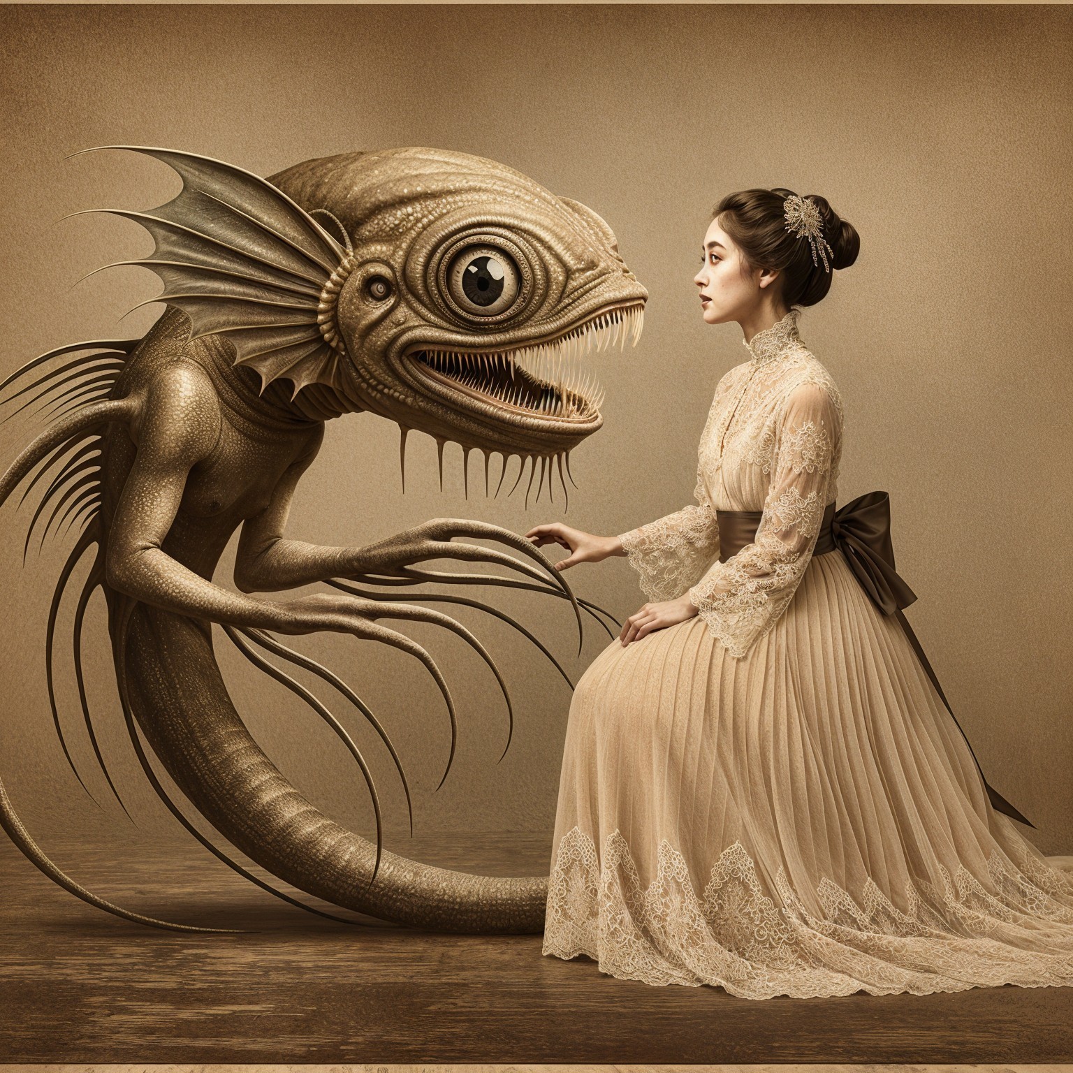 Surreal Scene of Woman and Fantastical Fish Creature
