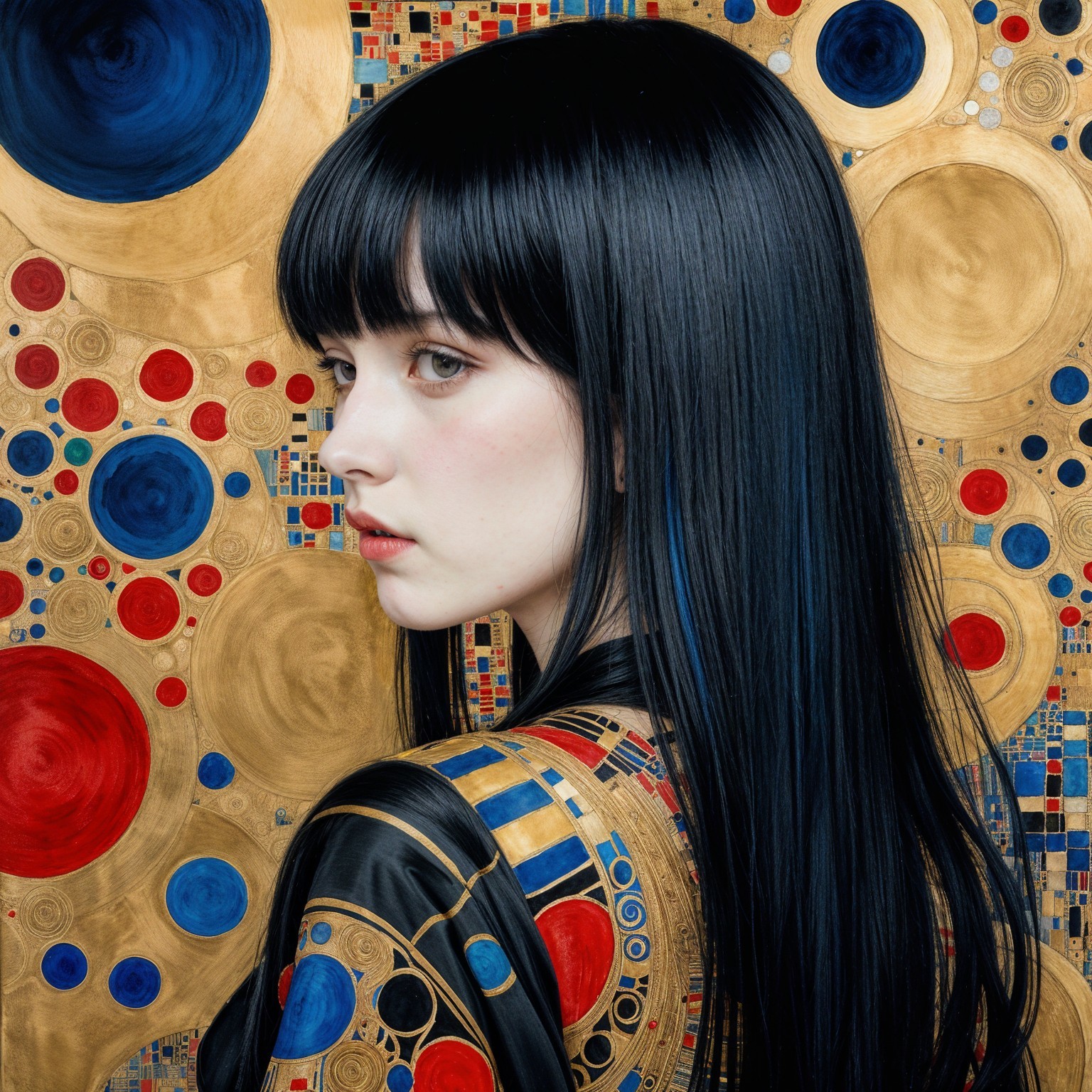 Young woman in ornate garment with vibrant patterns