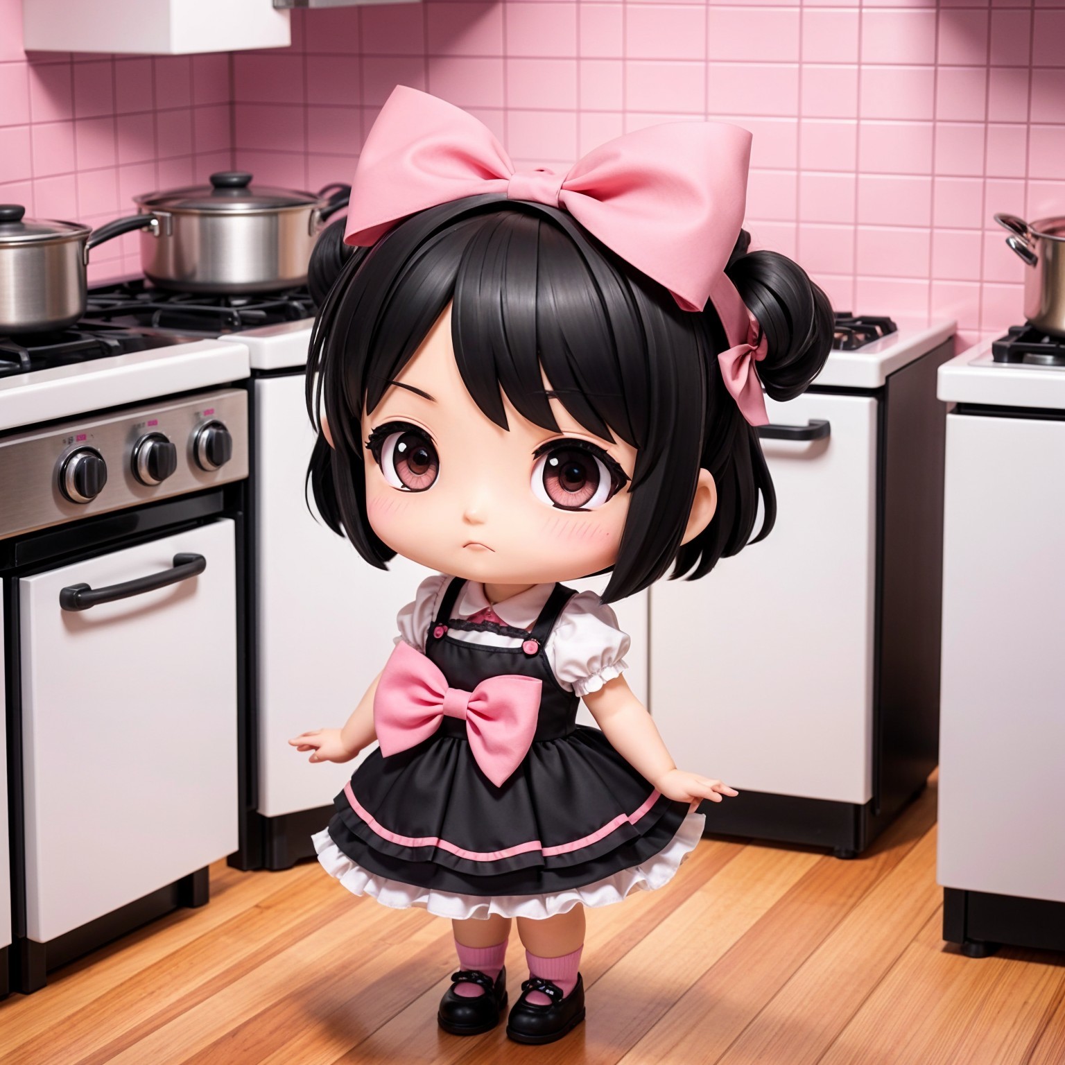 Stylized Doll in Vintage Pastel Pink Kitchen Setting