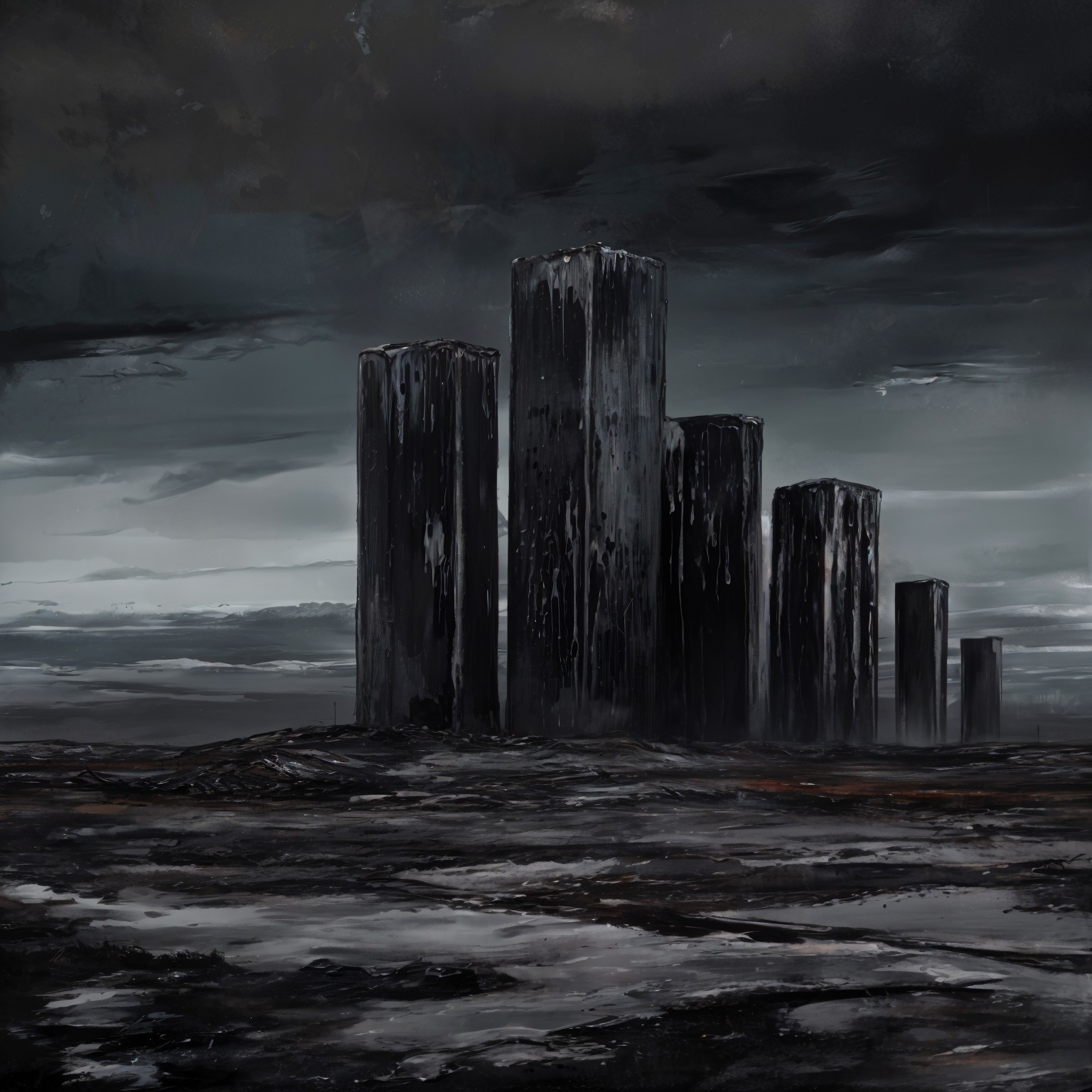 Desolate Landscape with Dark Monolithic Structures
