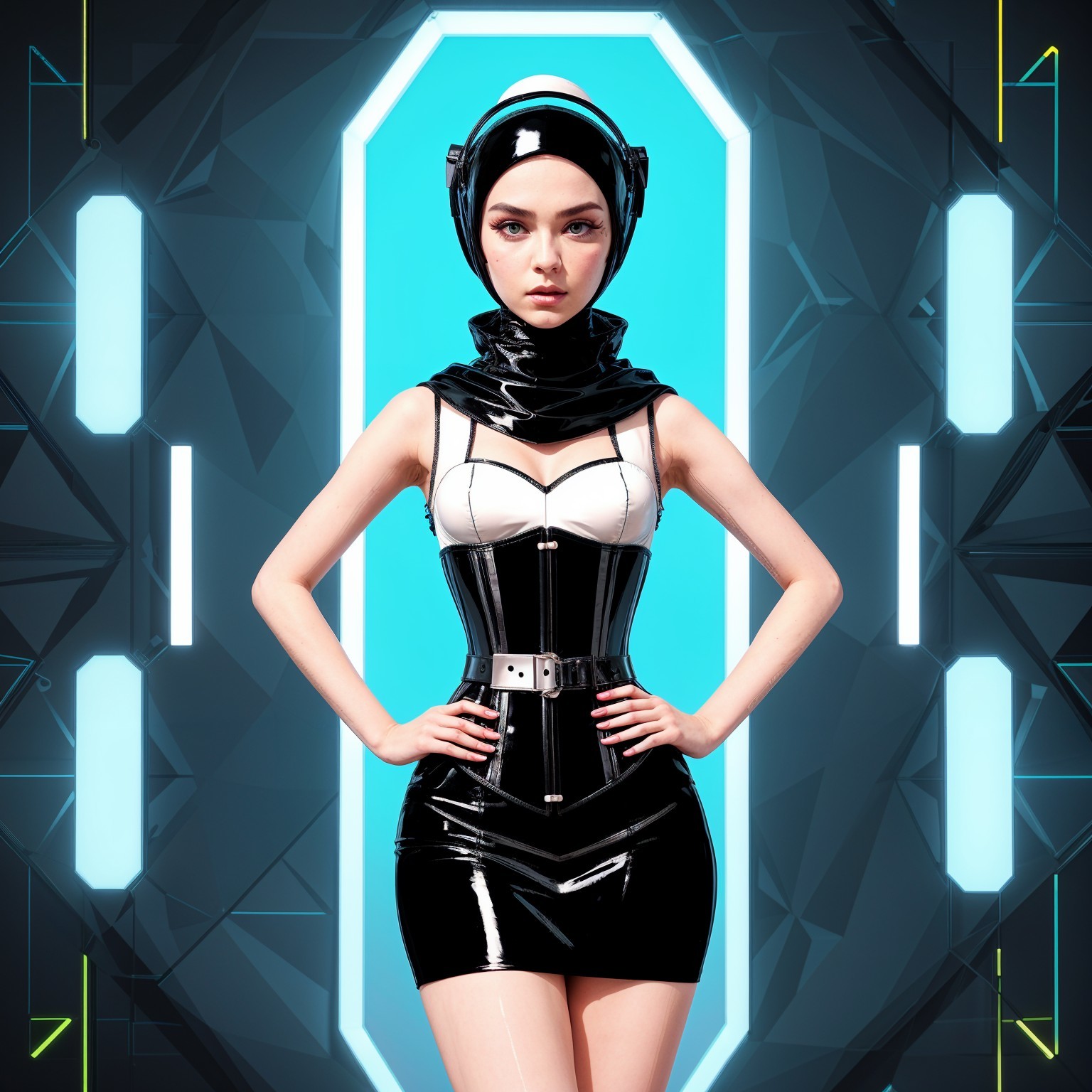 Futuristic Fashion with Glossy Black Outfit and Geometric Design