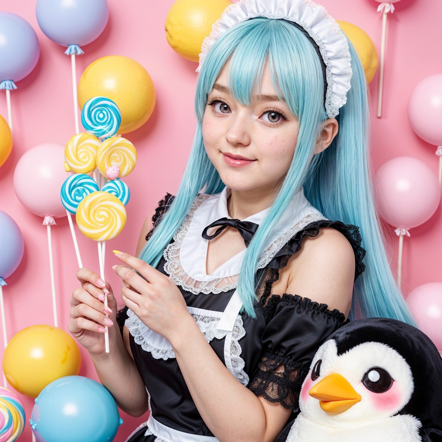 Young woman in maid costume with lollipops and balloons