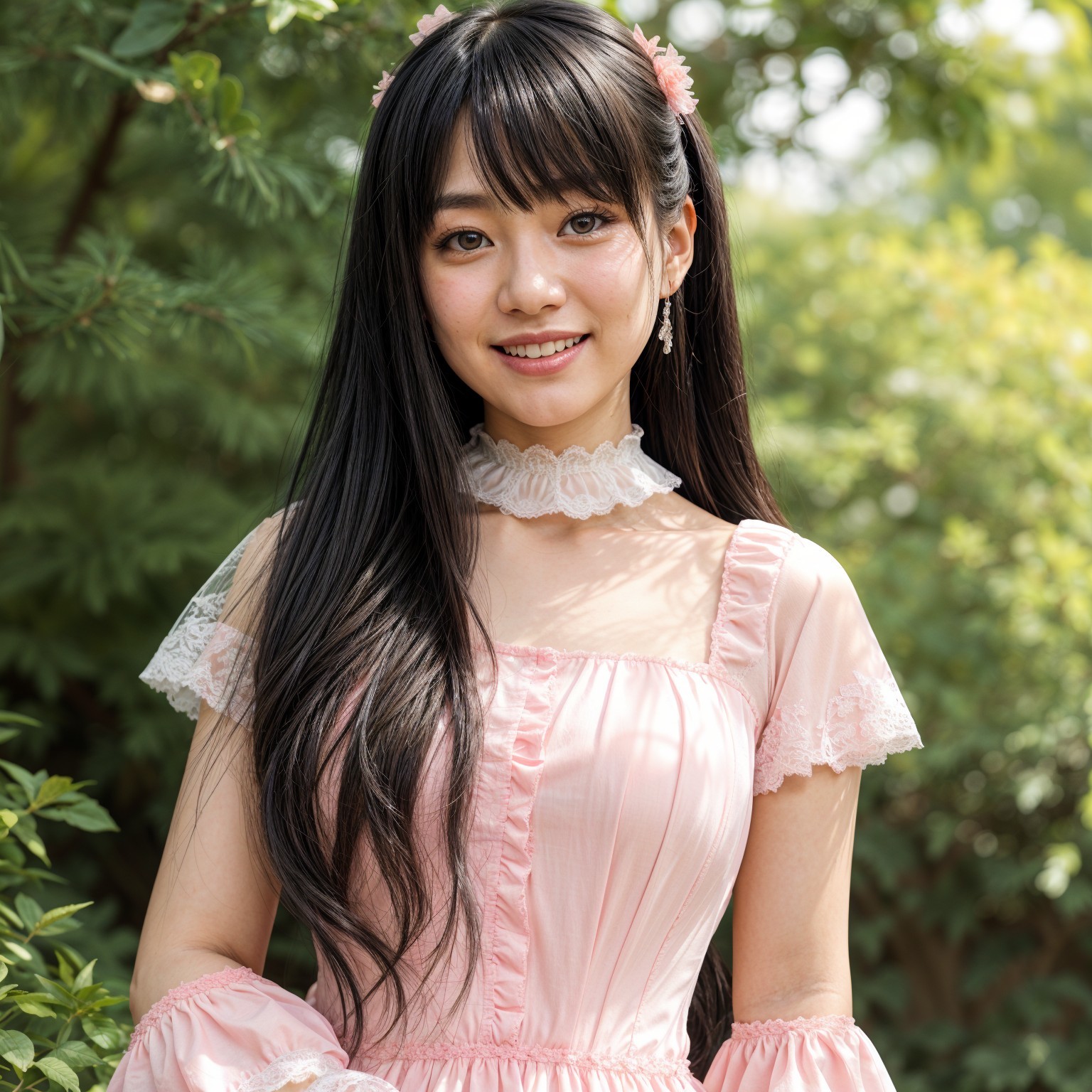 Young woman in pink dress in a lush garden setting