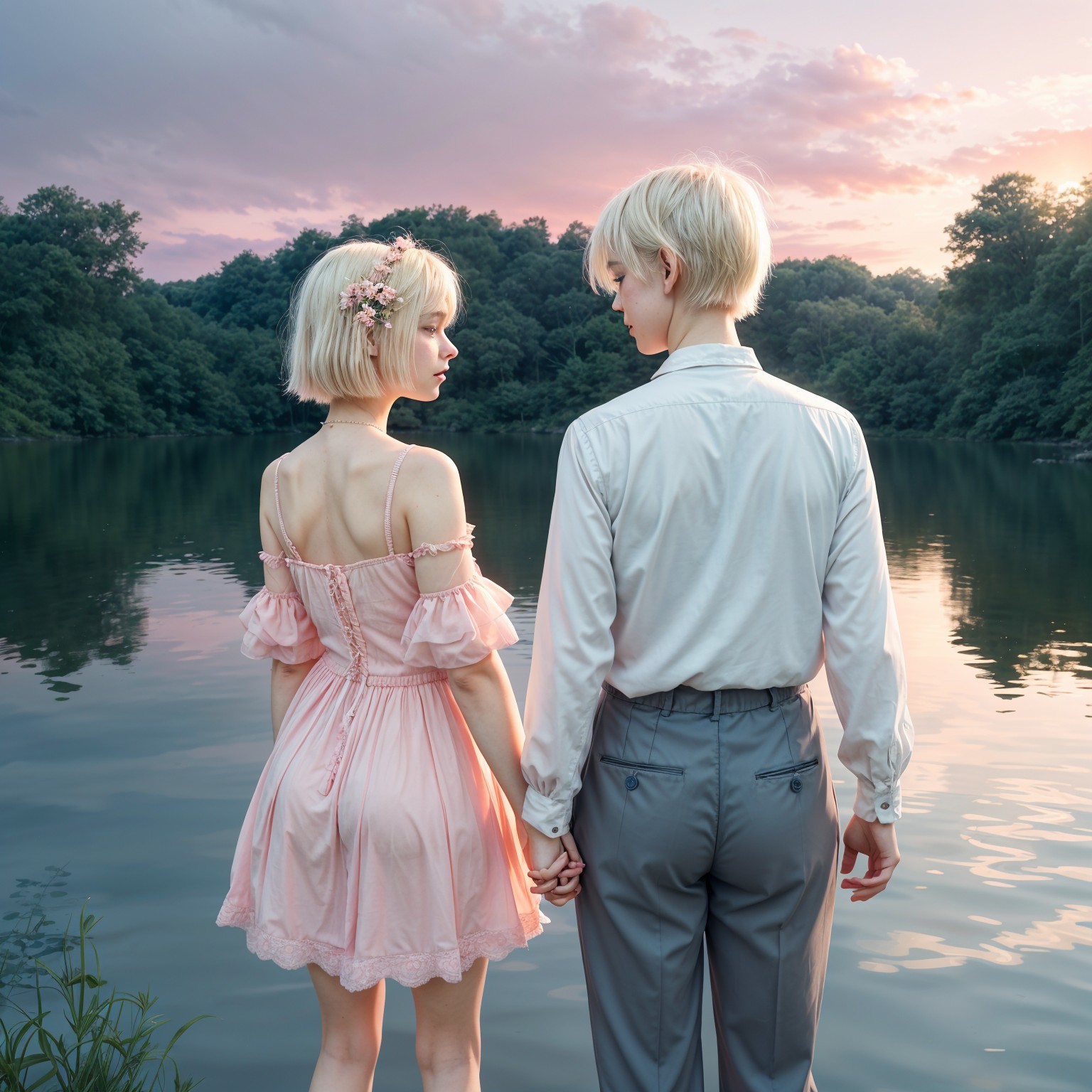 Young Couple by Serene Lake at Sunset