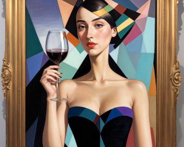 Elegant Woman in Black Dress with Geometric Background