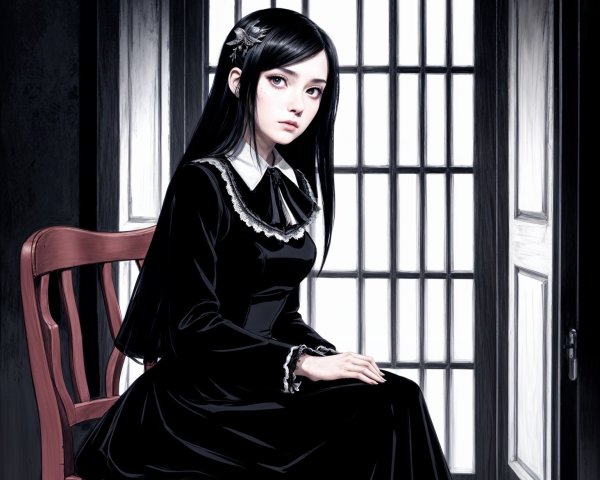 Young Woman in Black Gown Against Moody Backdrop