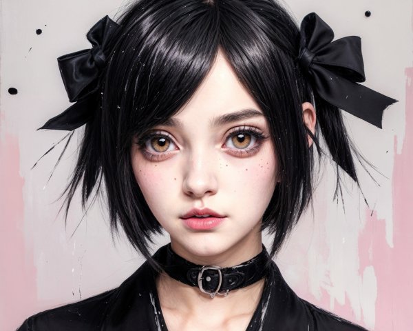 Young woman with large eyes and pigtails in dark outfit