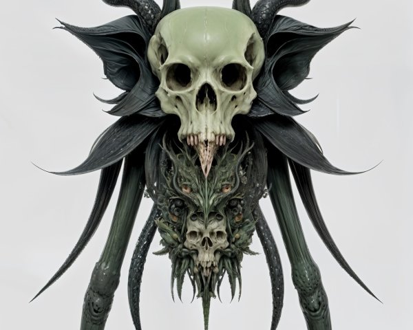 Surreal Sculpture of Green Skull and Tentacle Shapes