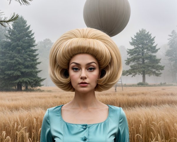 Model in Retro Dress in Foggy Golden Field