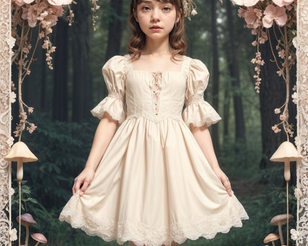 Young girl in cream dress in serene forest setting