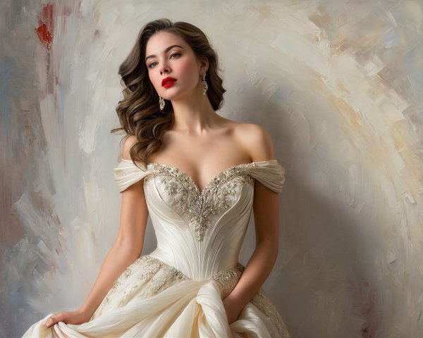 Medium Shot of Model in Off-White Embroidered Dress