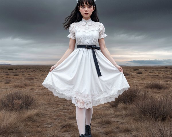 Young Woman in White Dress in Barren Landscape