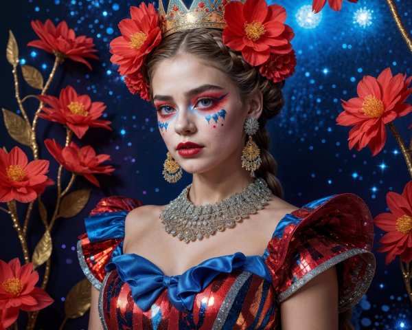 Young Woman in Sparkling Dress with Floral Accents